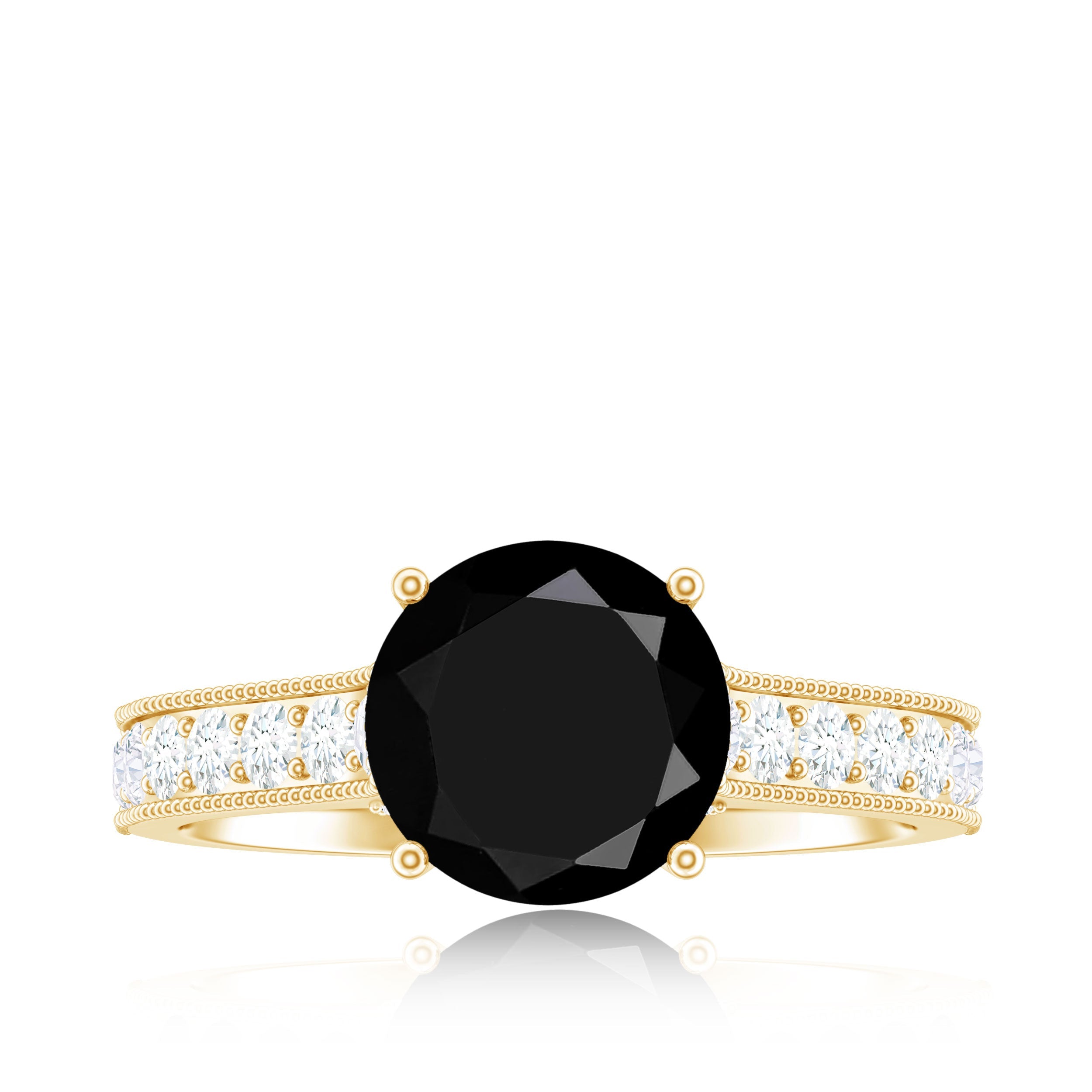 Natural Black Spinel Solitaire Engagement Ring with Diamond Side Stones