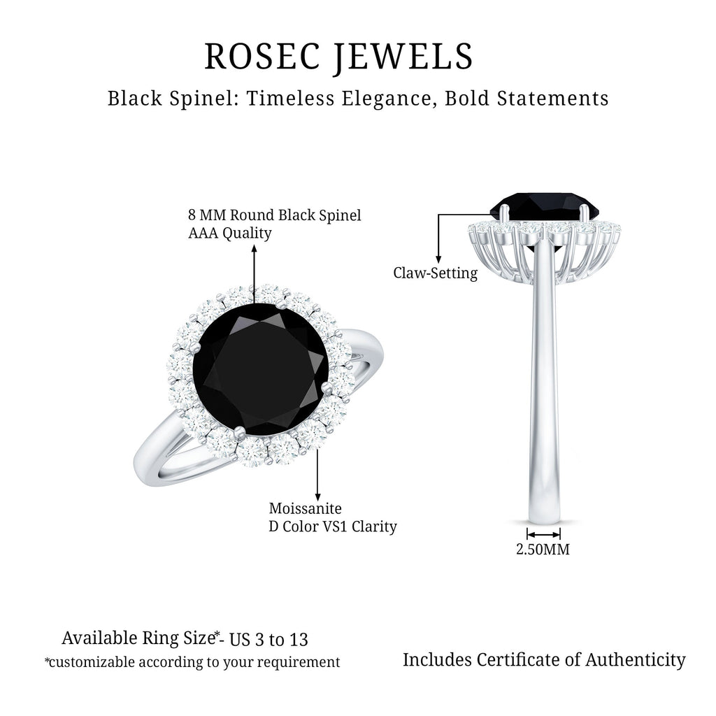 Natural 2.5 Carat Black Spinel Engagement Ring with Moissanite Halo