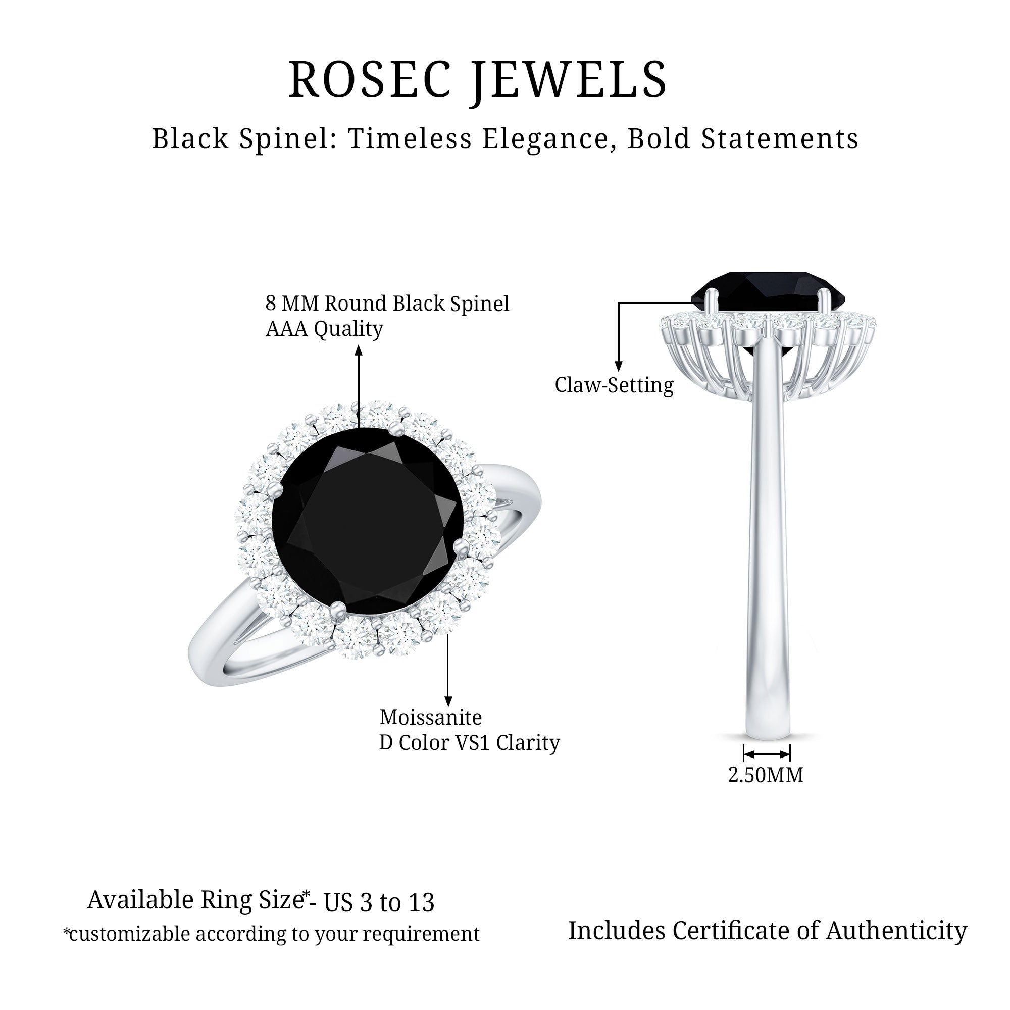 Natural 2.5 Carat Black Spinel Engagement Ring with Moissanite Halo