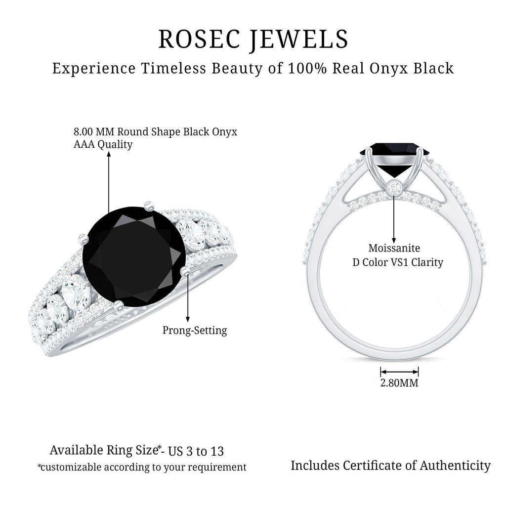 8mm Round Black Onyx Statement Engagement Ring with Moissanite Side Stones