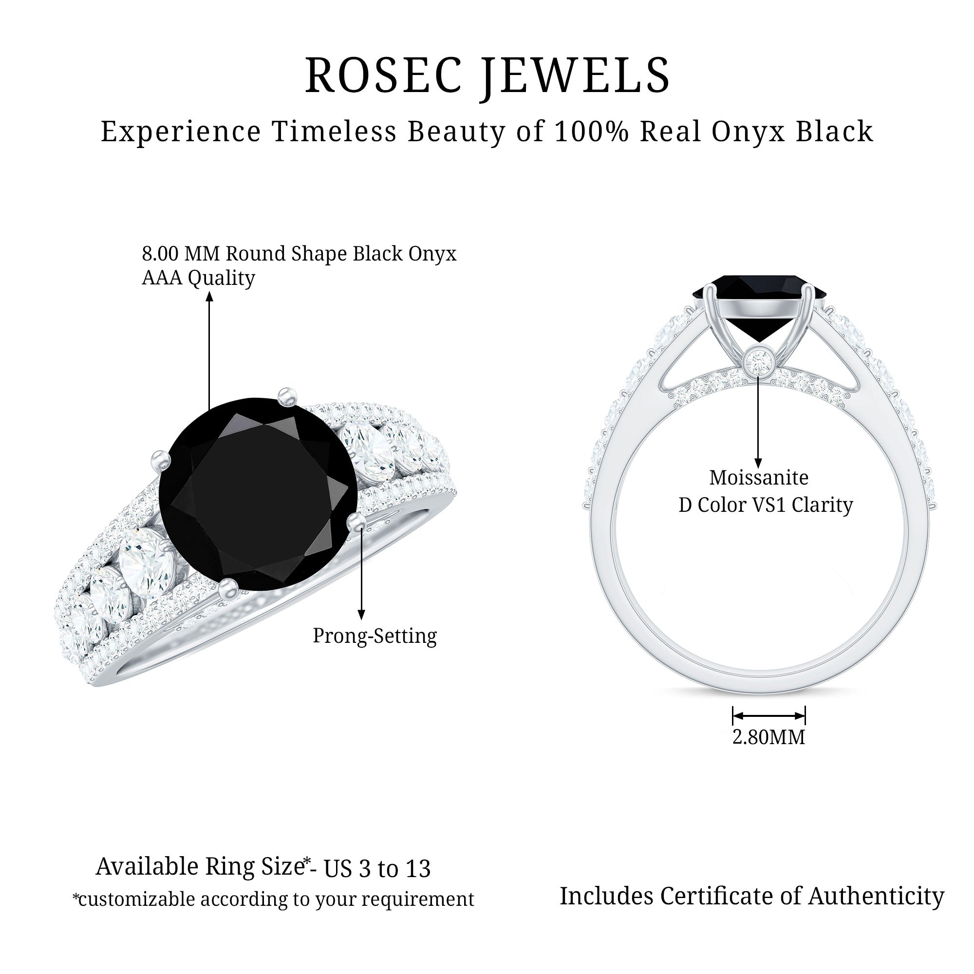 8mm Round Black Onyx Statement Engagement Ring with Moissanite Side Stones