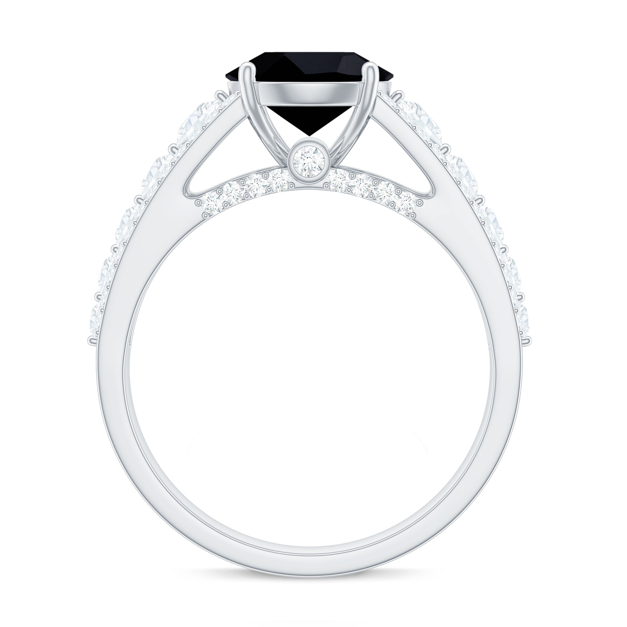 8mm Round Black Onyx Statement Engagement Ring with Moissanite Side Stones