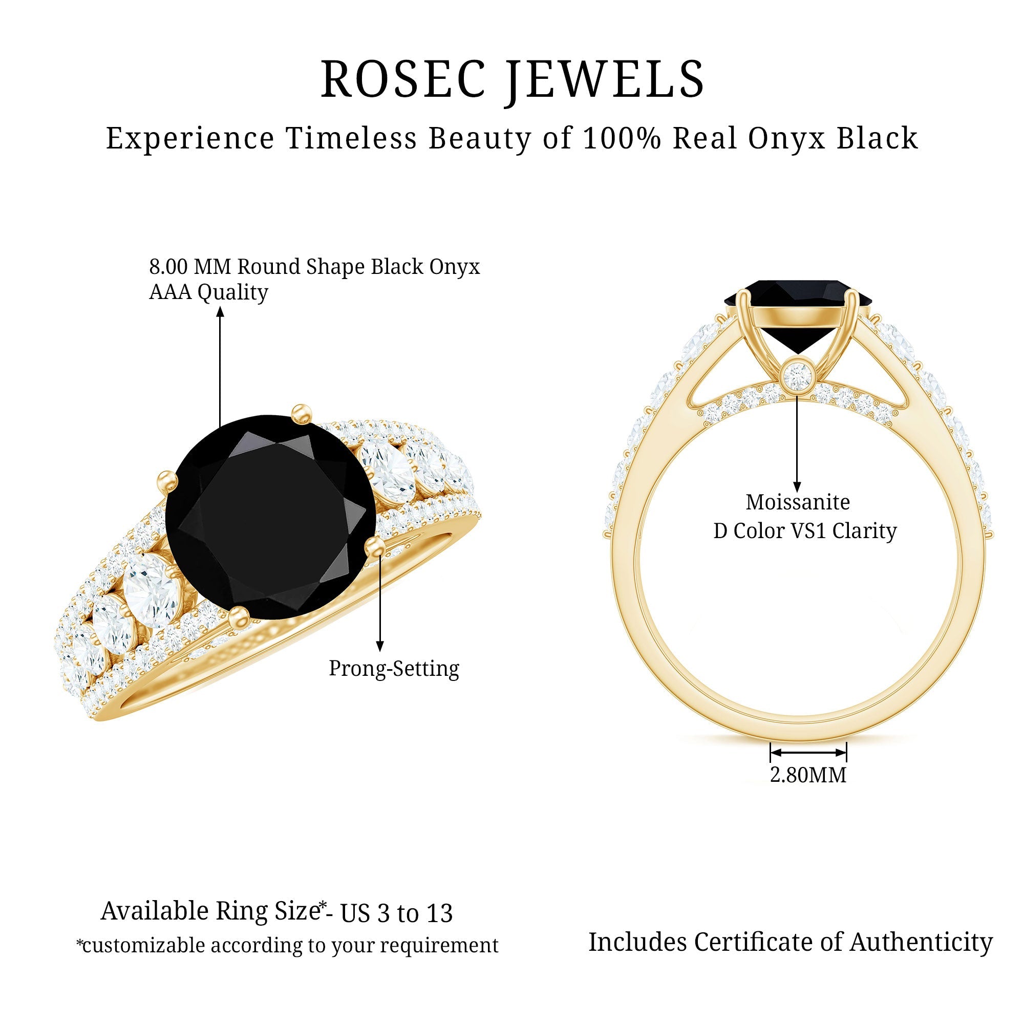 8mm Round Black Onyx Statement Engagement Ring with Moissanite Side Stones