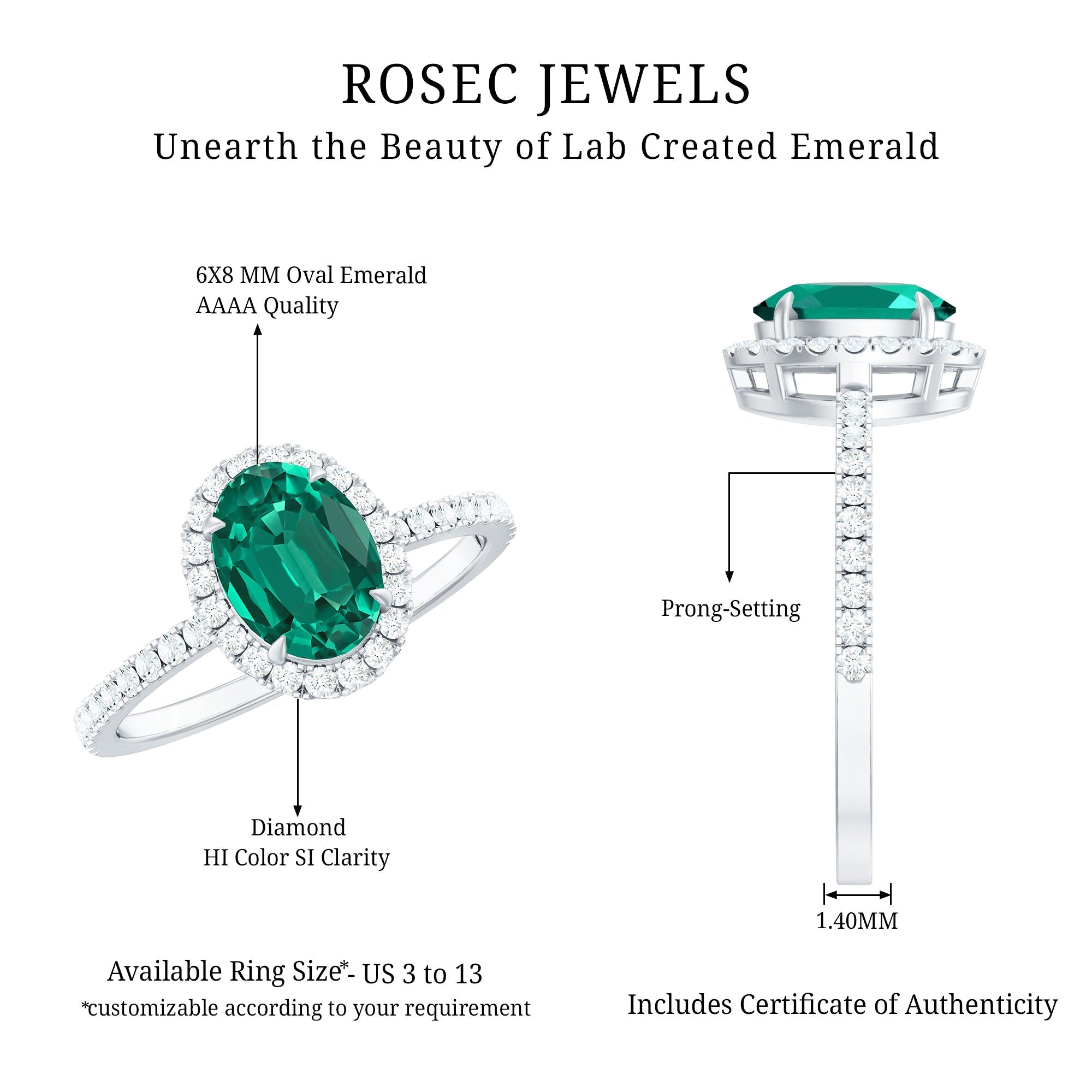 6x8mm Oval Cut Lab Created Emerald Halo Engagement Ring with Diamond