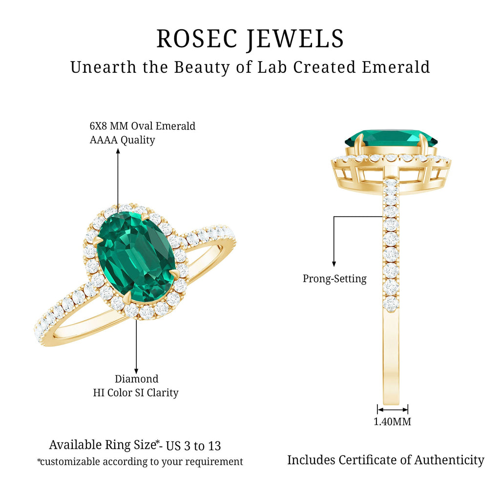6x8mm Oval Cut Lab Created Emerald Halo Engagement Ring with Diamond