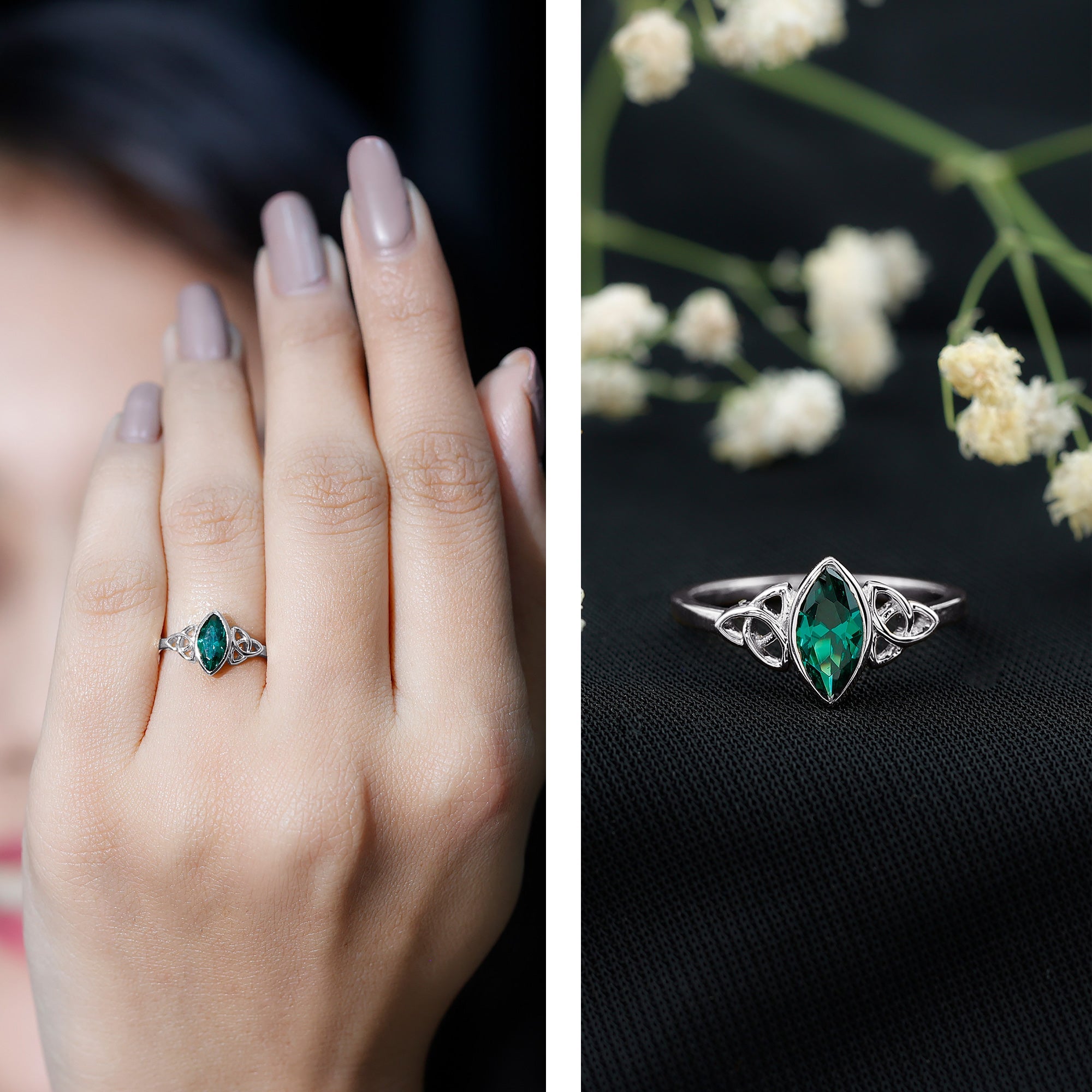 Bezel Set Lab Grown Emerald Celtic Knot Promise Ring