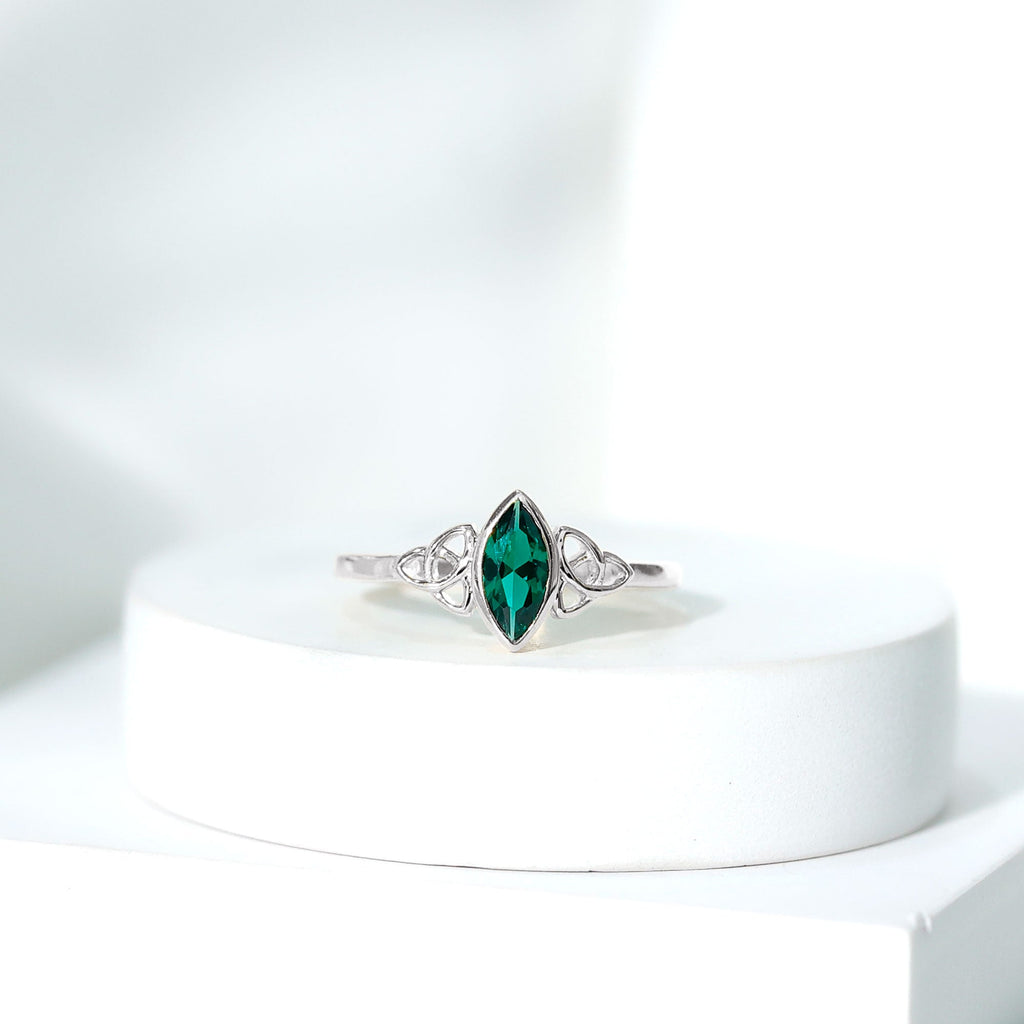 Bezel Set Lab Grown Emerald Celtic Knot Promise Ring