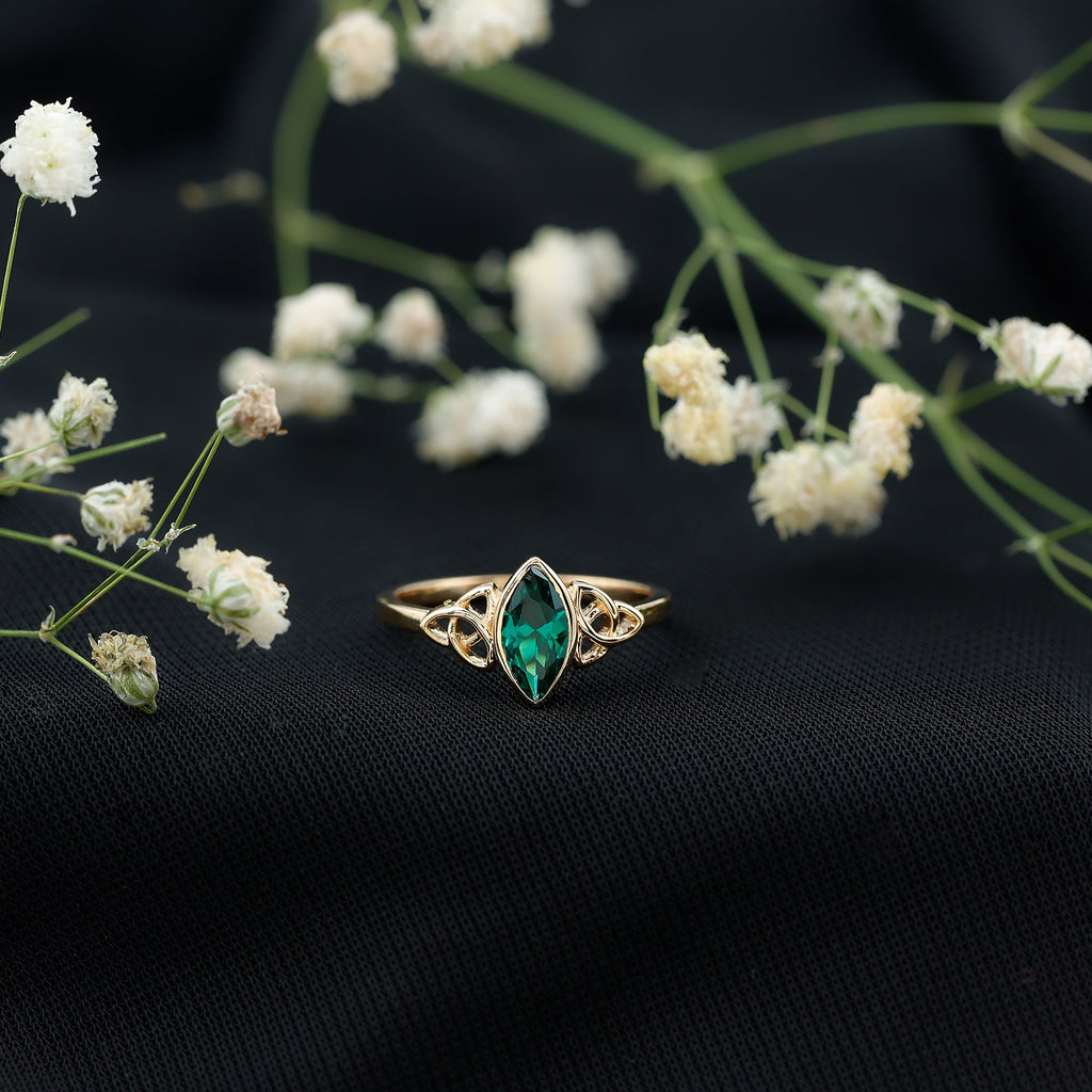Bezel Set Lab Grown Emerald Celtic Knot Promise Ring
