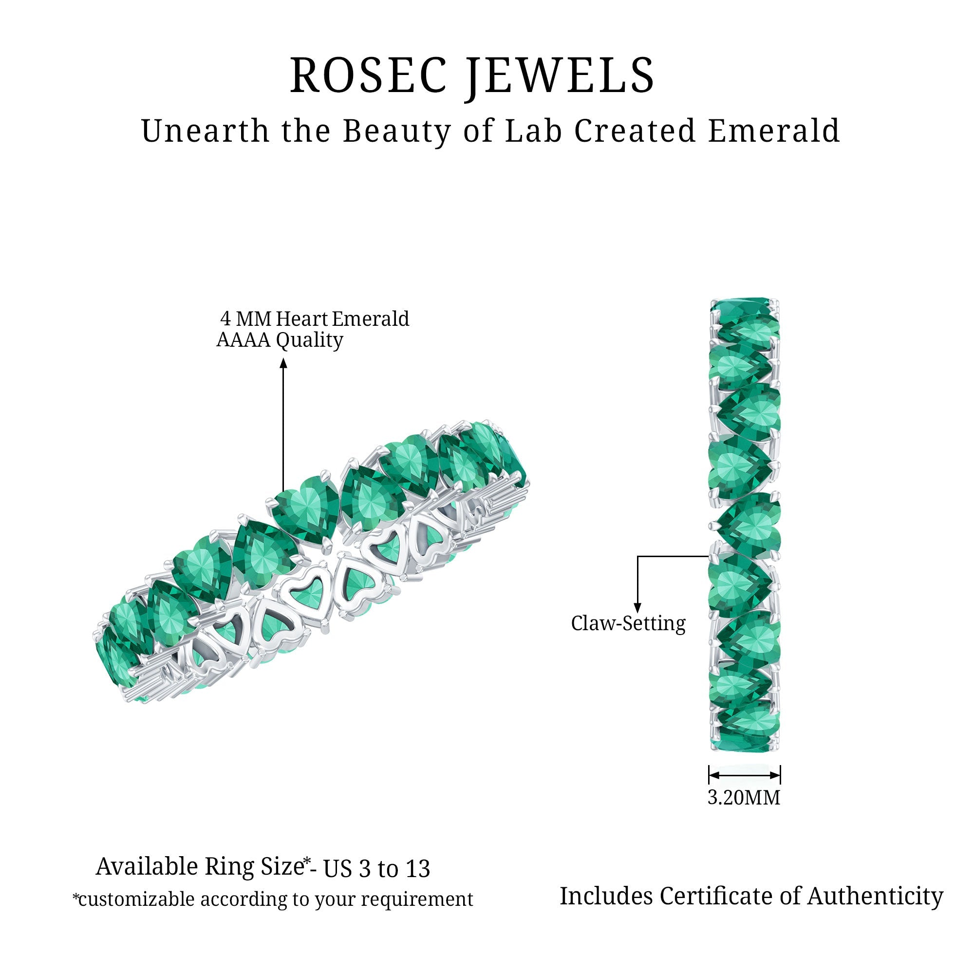 Certified Lab Created Emerald Heart Eternity Band Ring For Her