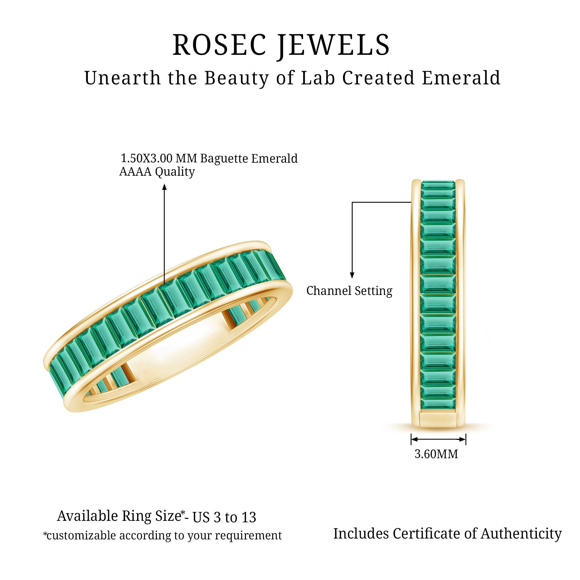 Channel Set Baguette Cut Created Emerald Eternity Band Ring