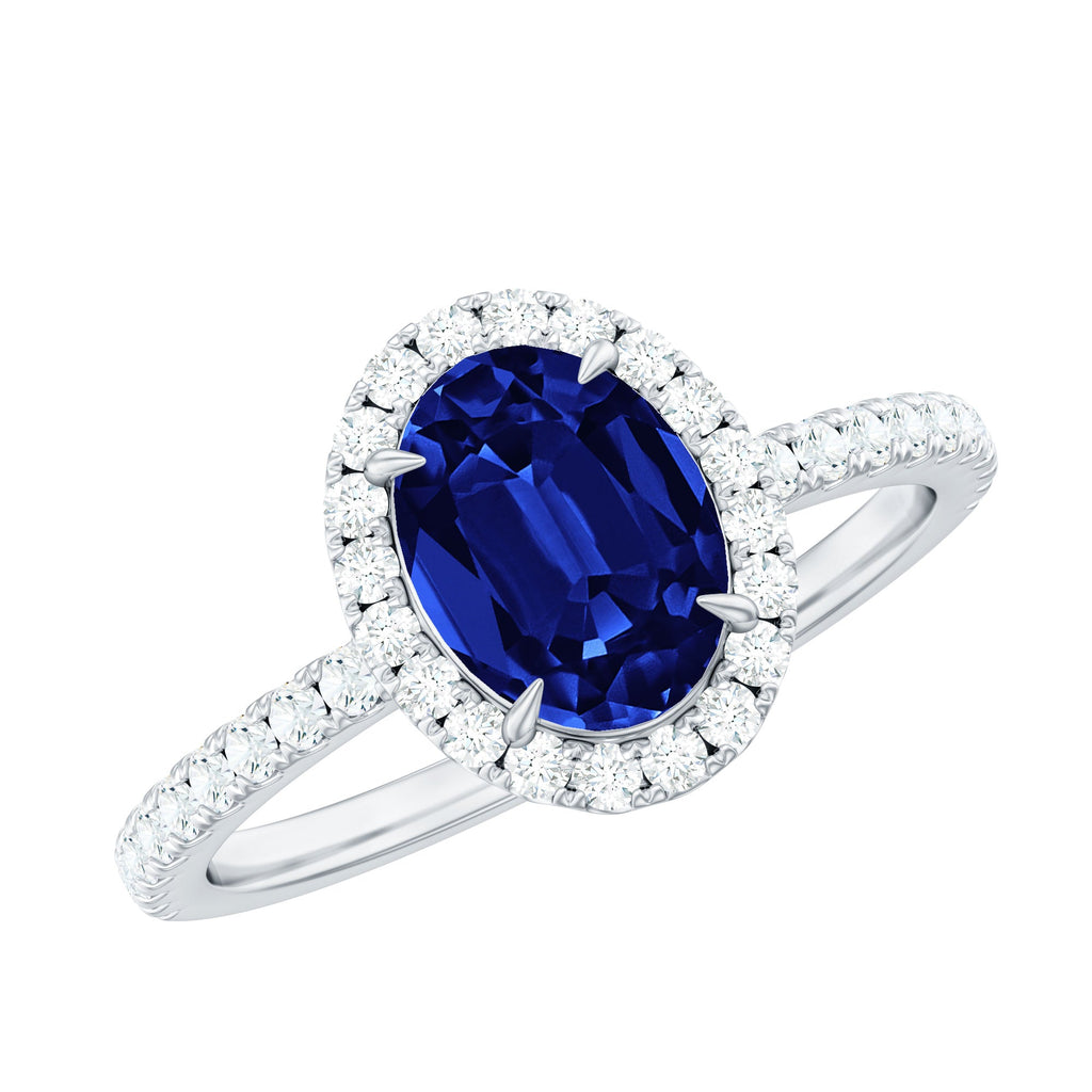 Certified 1.5 Carat Oval Lab Grown Blue Sapphire  Engagement Ring with Diamond Halo