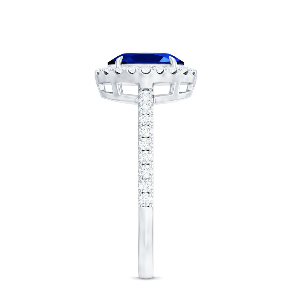 Certified 1.5 Carat Oval Lab Grown Blue Sapphire  Engagement Ring with Diamond Halo