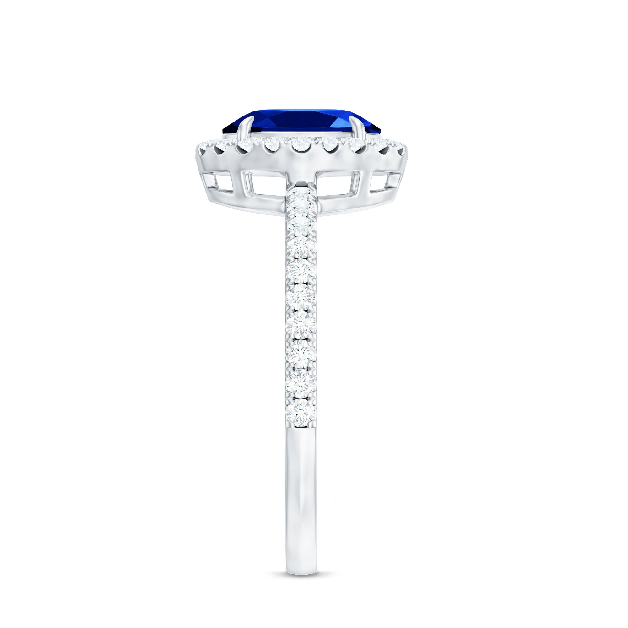 Certified 1.5 Carat Oval Lab Grown Blue Sapphire  Engagement Ring with Diamond Halo