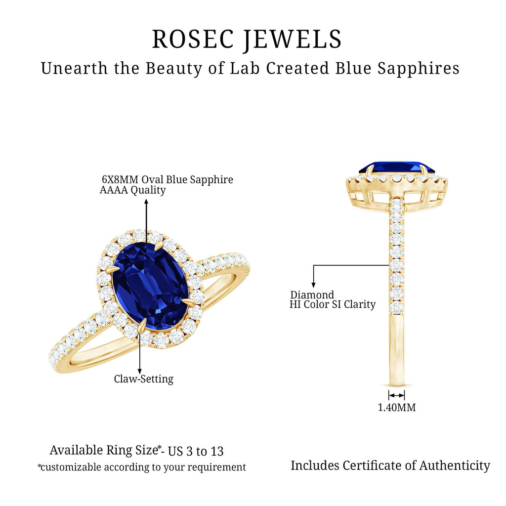 Certified 1.5 Carat Oval Lab Grown Blue Sapphire  Engagement Ring with Diamond Halo