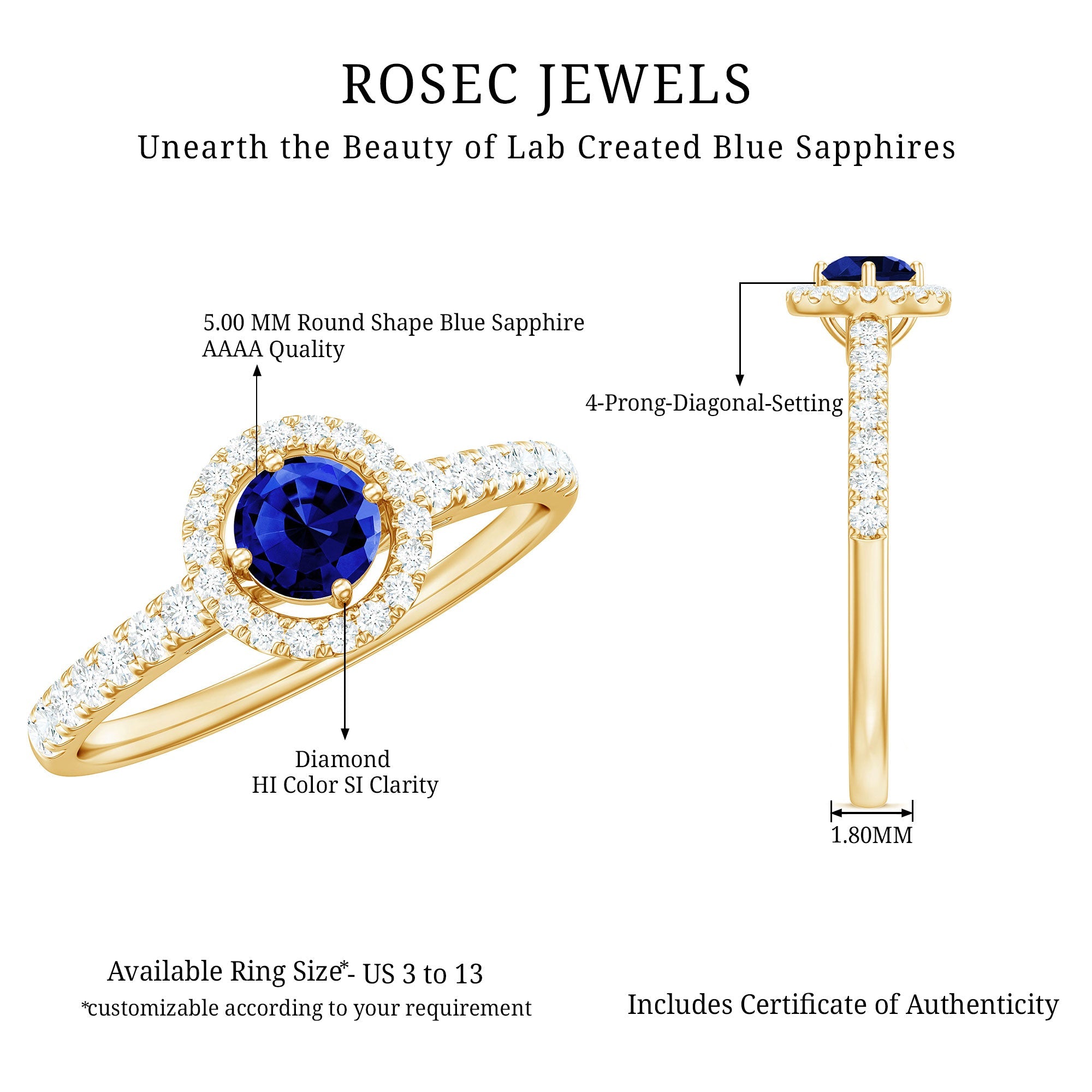 3/4 CT Created Blue Sapphire Engagement Ring with Diamond