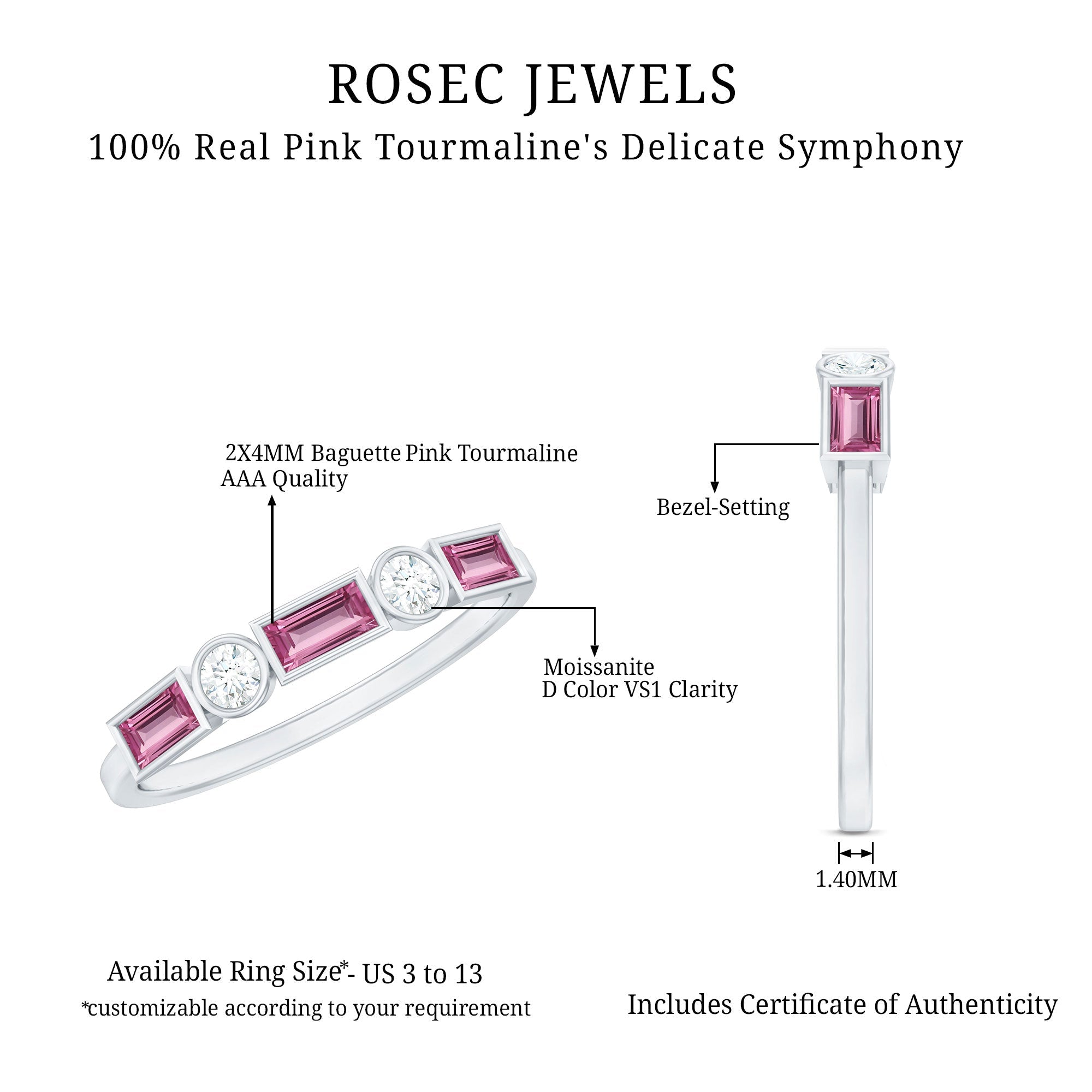 Pink Tourmaline and Moissanite Stackable Ring in Bezel Setting