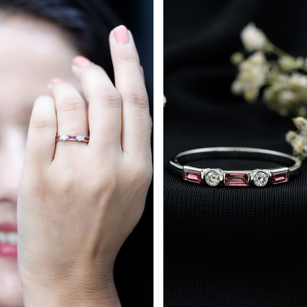 Pink Tourmaline and Moissanite Stackable Ring in Bezel Setting