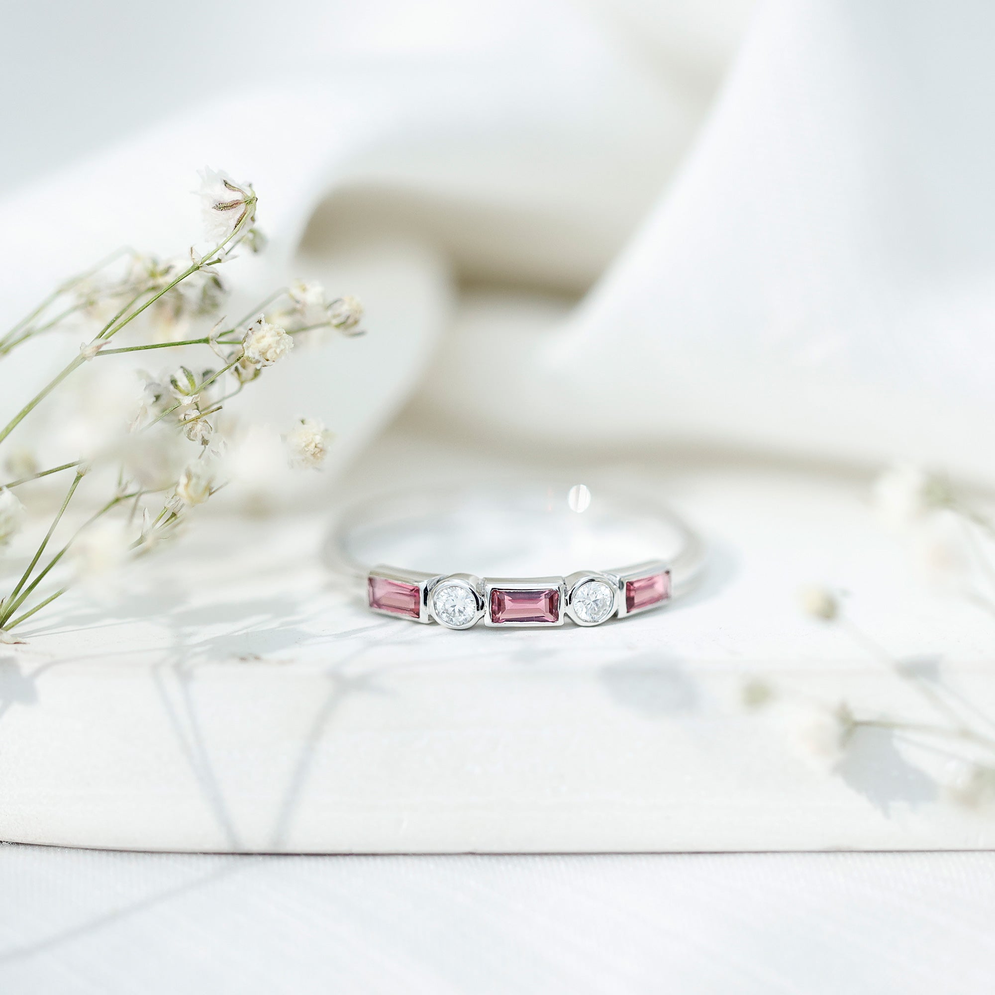 Pink Tourmaline and Moissanite Stackable Ring in Bezel Setting