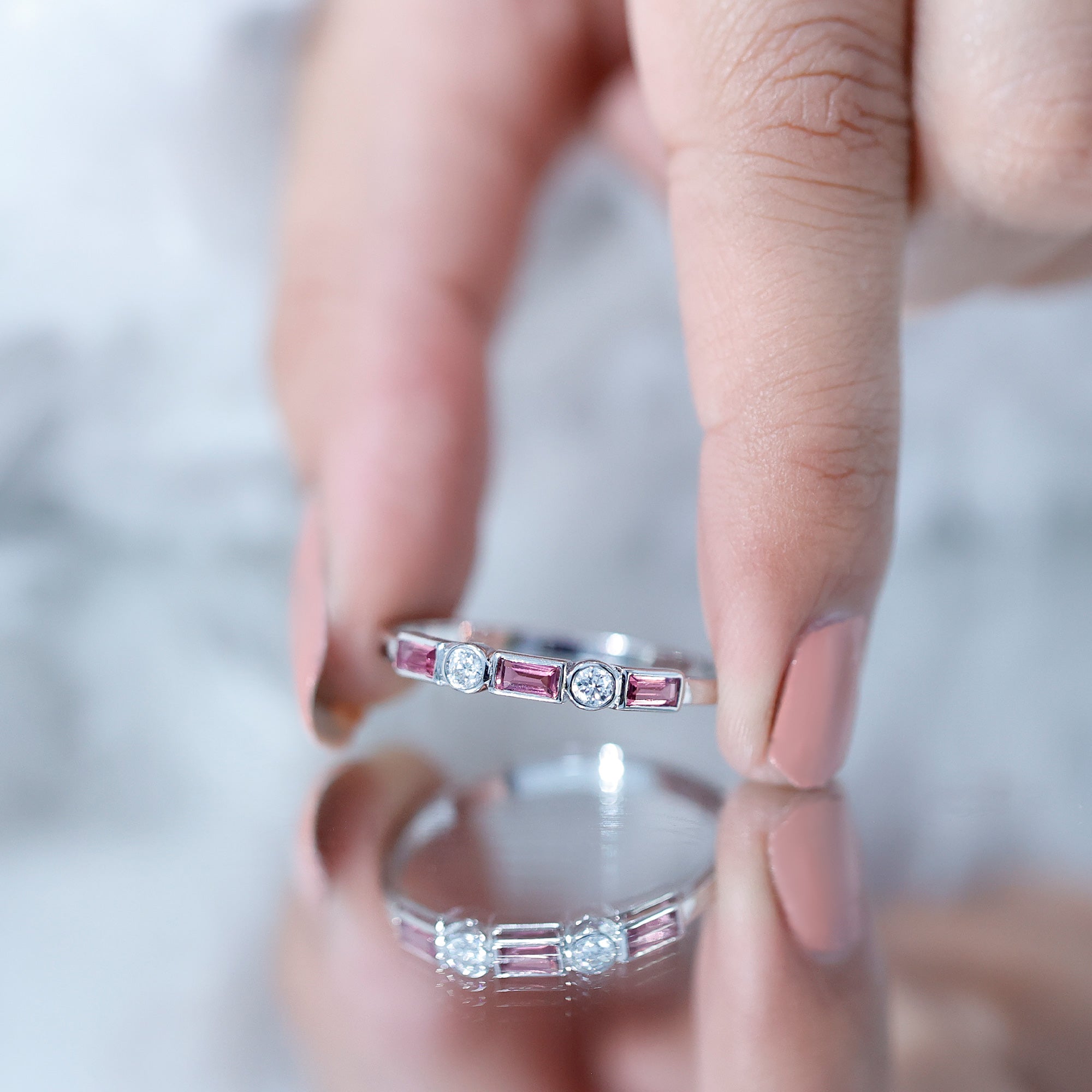 Pink Tourmaline and Moissanite Stackable Ring in Bezel Setting