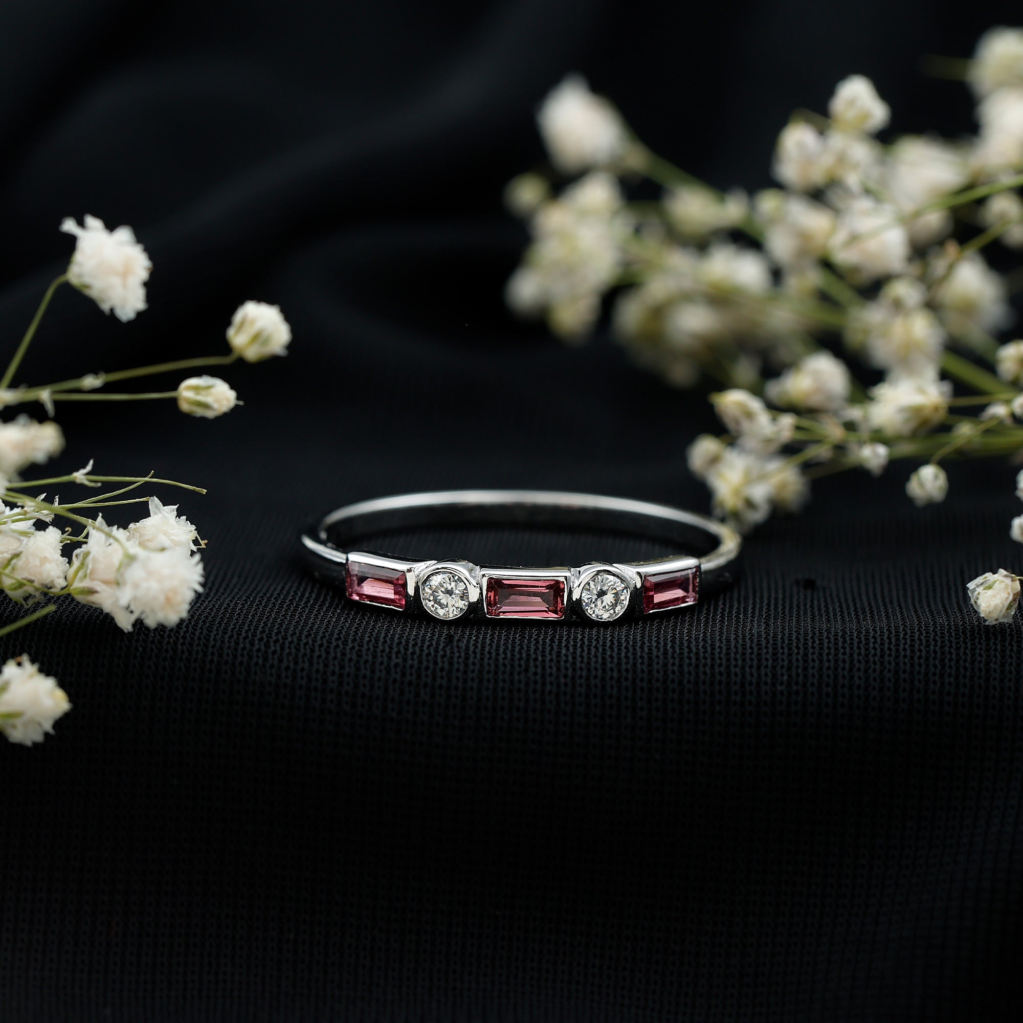 Pink Tourmaline and Moissanite Stackable Ring in Bezel Setting