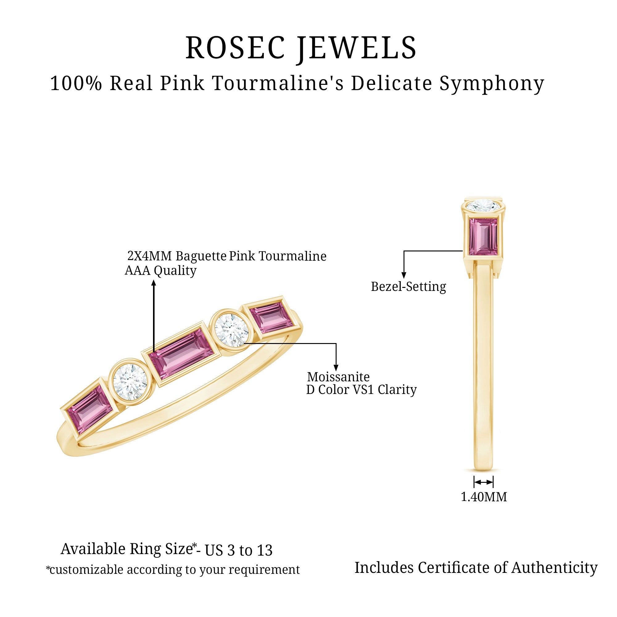 Pink Tourmaline and Moissanite Stackable Ring in Bezel Setting
