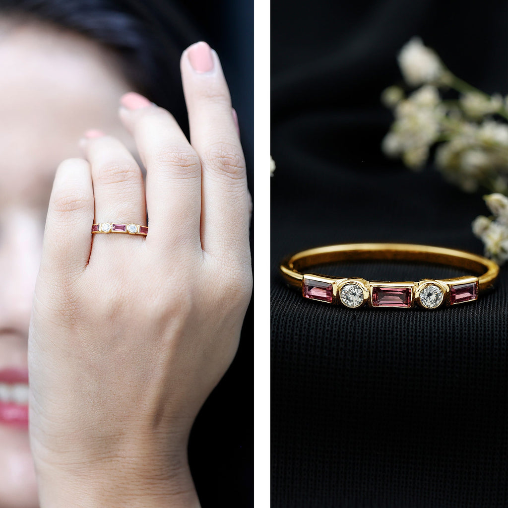 Pink Tourmaline and Moissanite Stackable Ring in Bezel Setting