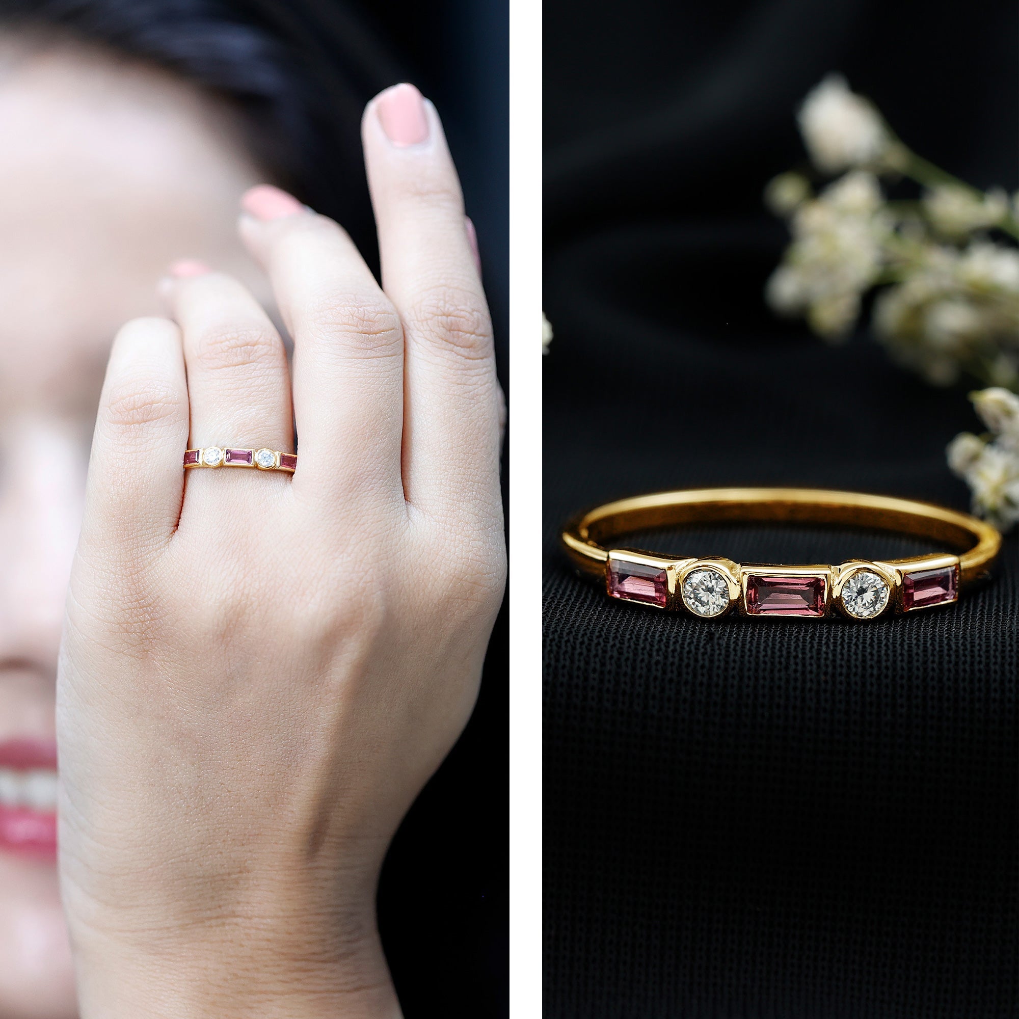 Pink Tourmaline and Moissanite Stackable Ring in Bezel Setting