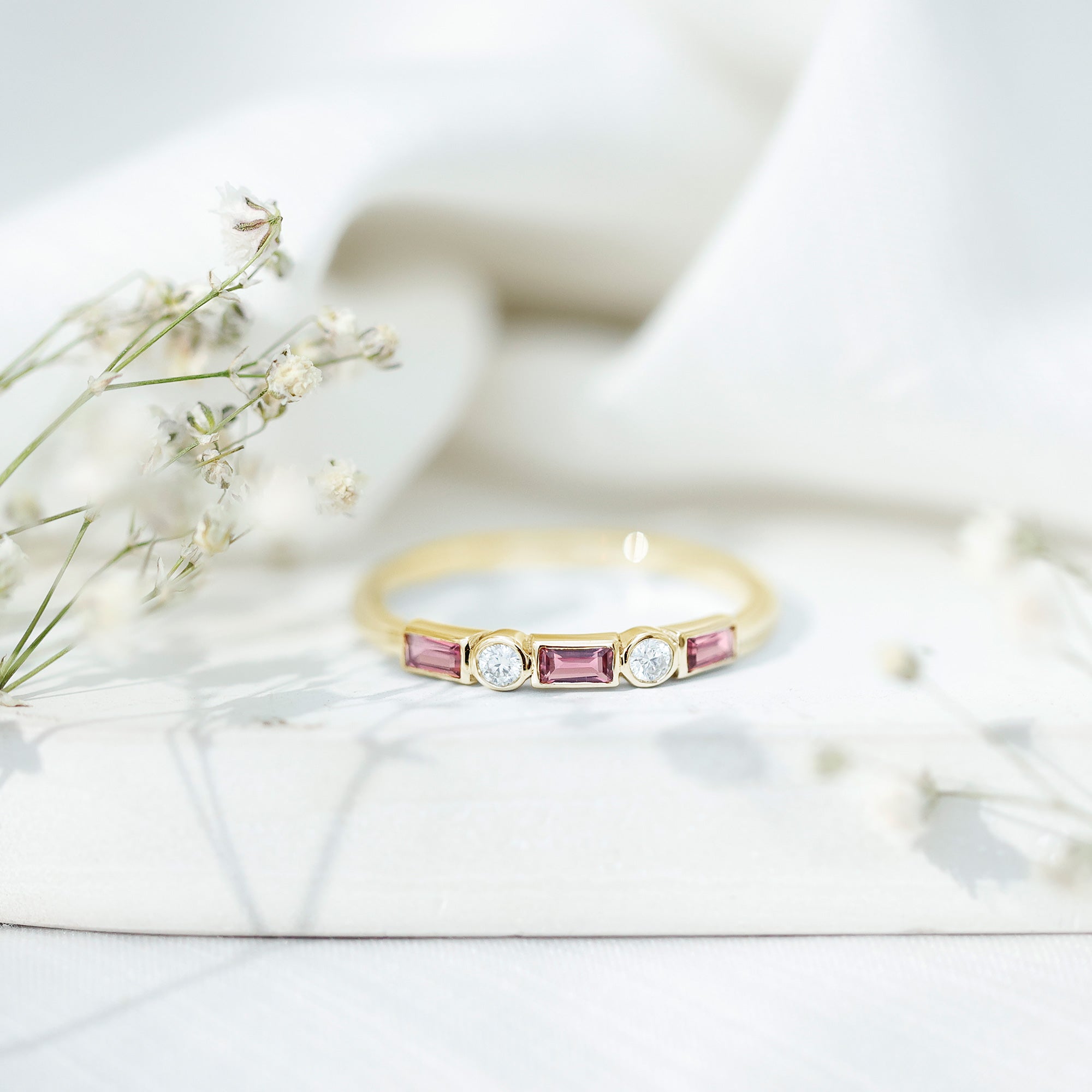 Pink Tourmaline and Moissanite Stackable Ring in Bezel Setting