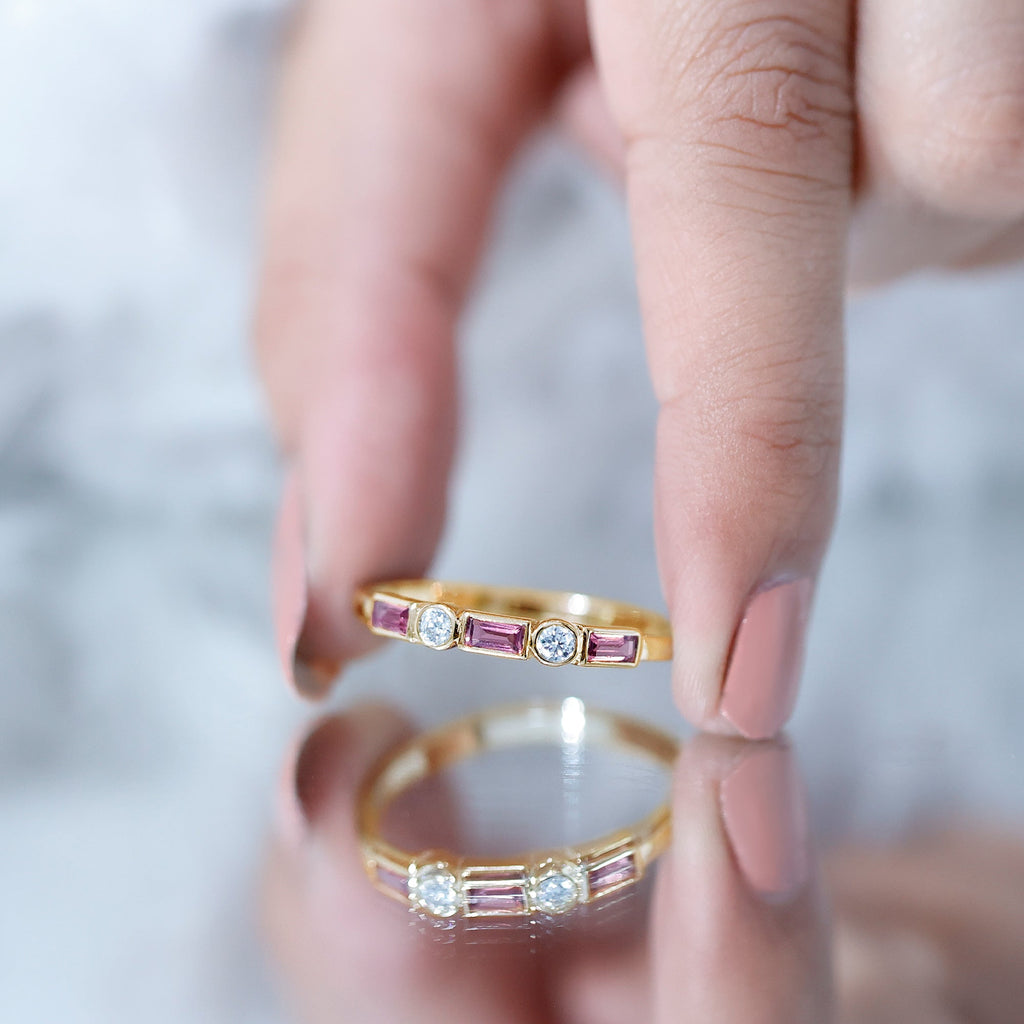 Pink Tourmaline and Moissanite Stackable Ring in Bezel Setting