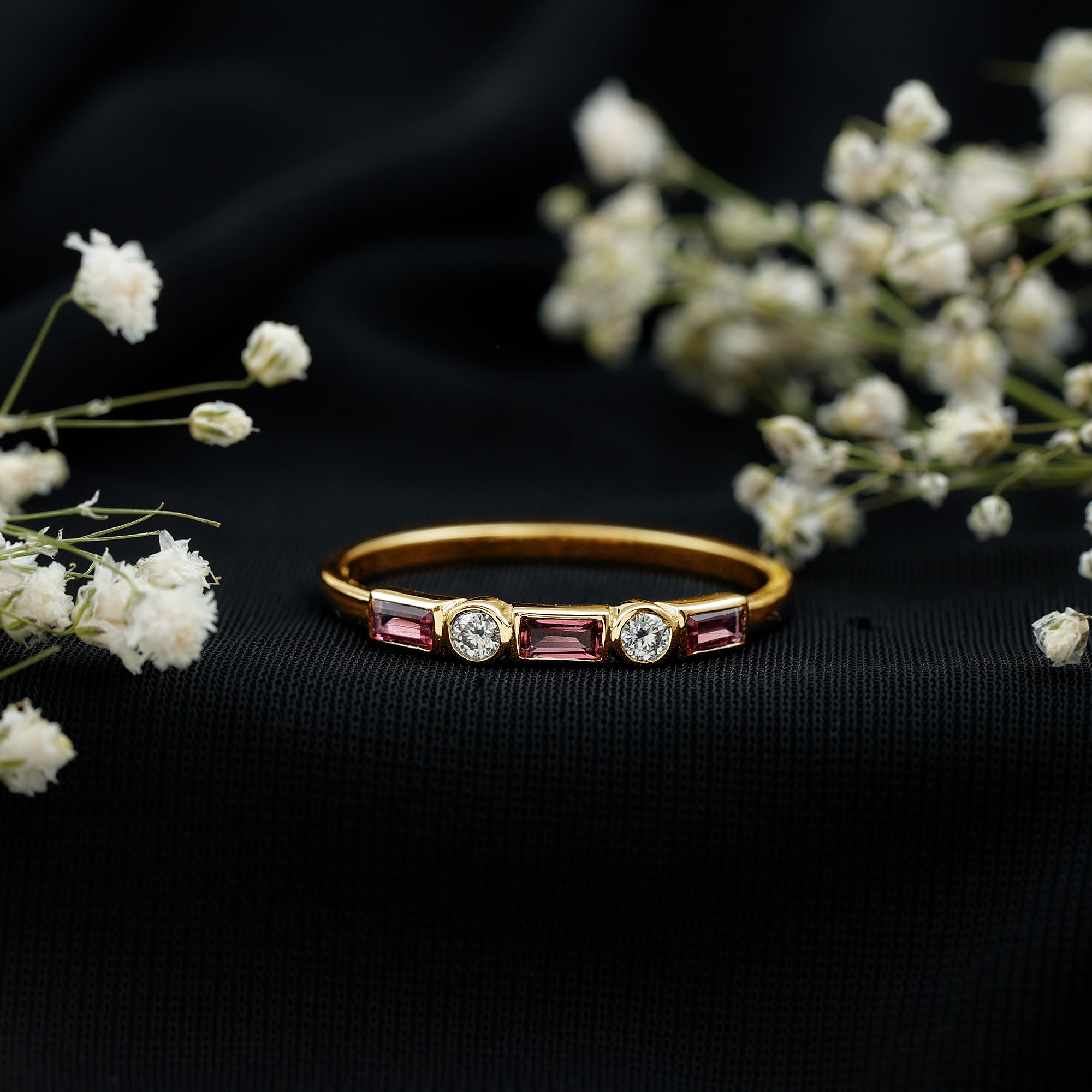 Pink Tourmaline and Moissanite Stackable Ring in Bezel Setting