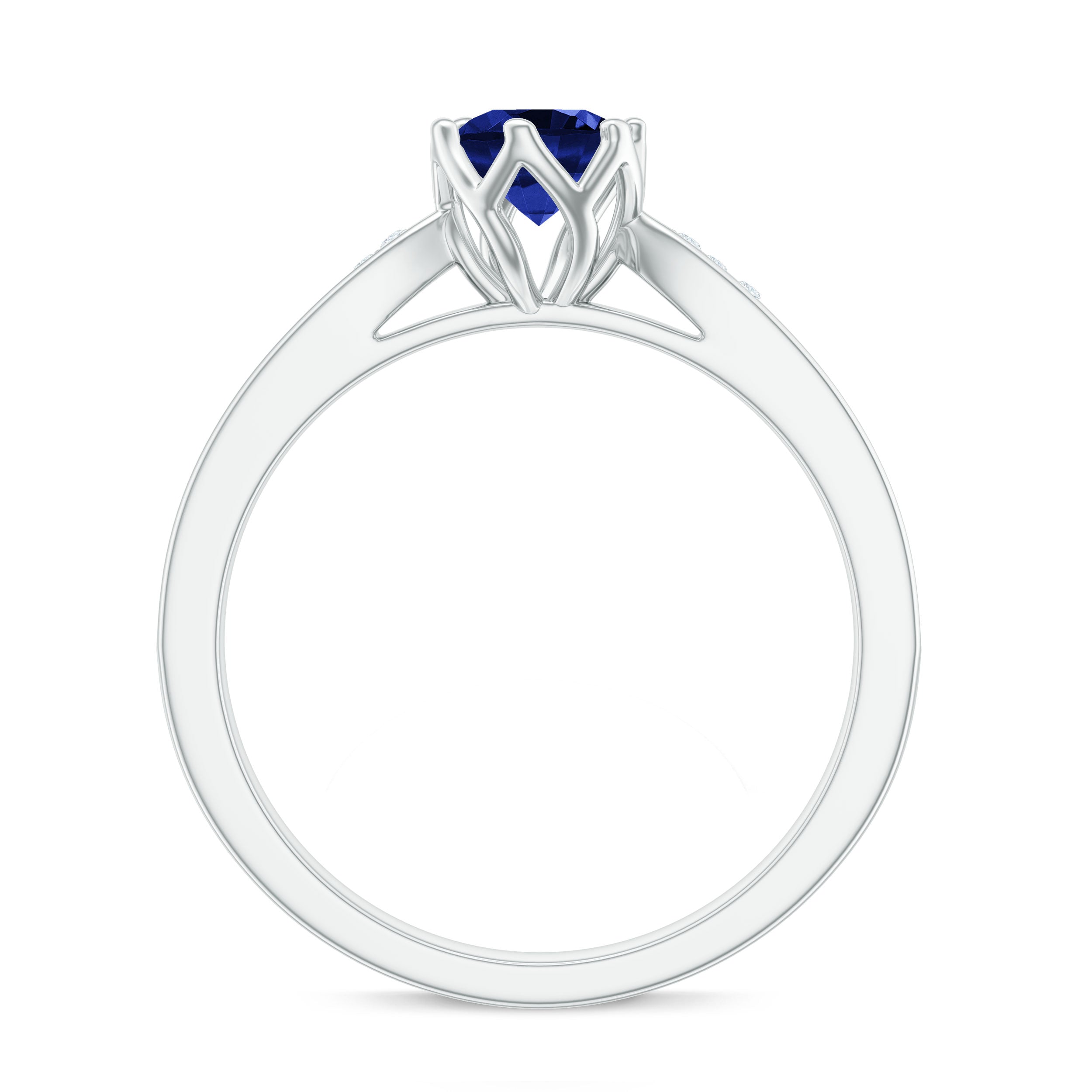 Certified Lab Created Blue Sapphire Minimal Engagement Ring with Diamond Side Stones