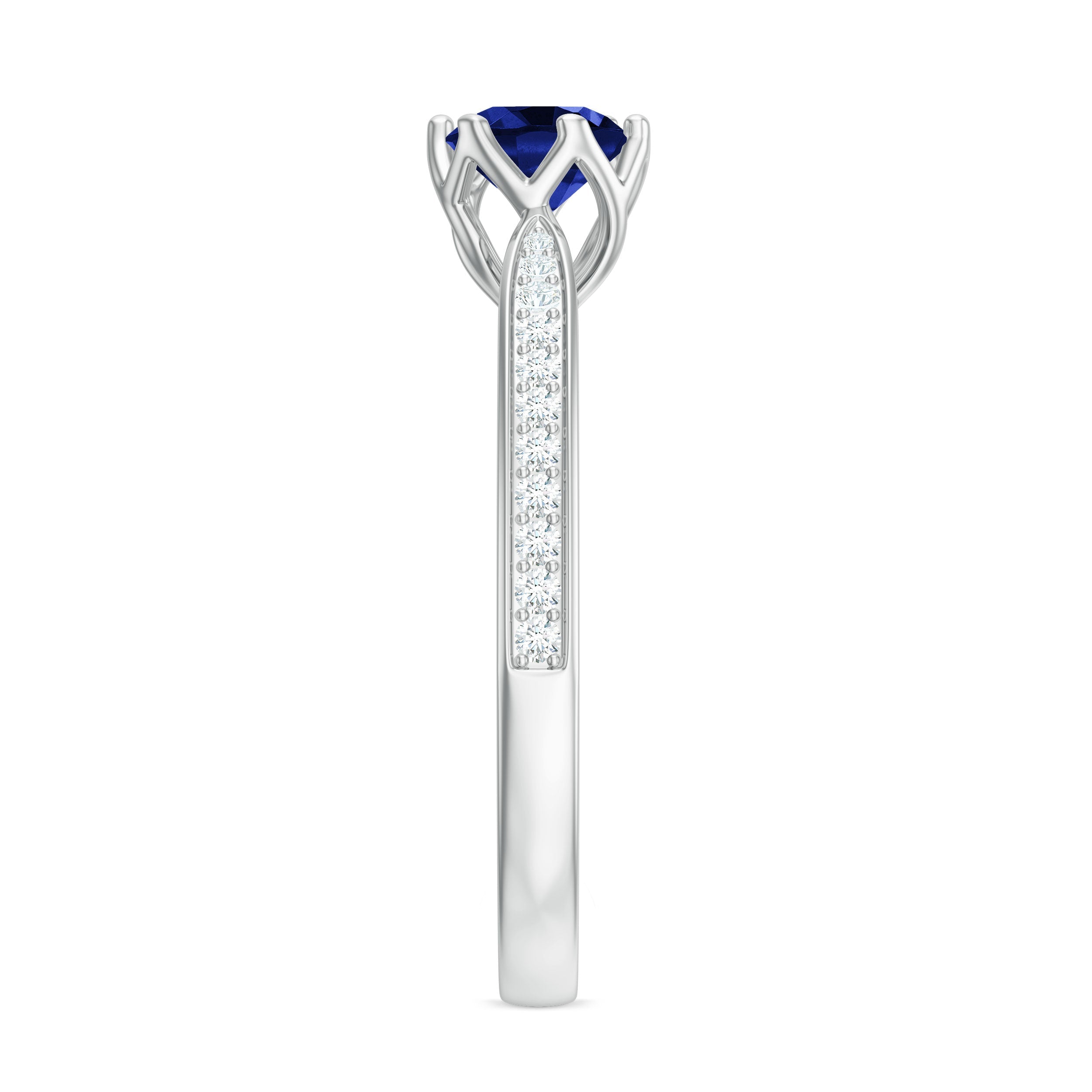Certified Lab Created Blue Sapphire Minimal Engagement Ring with Diamond Side Stones