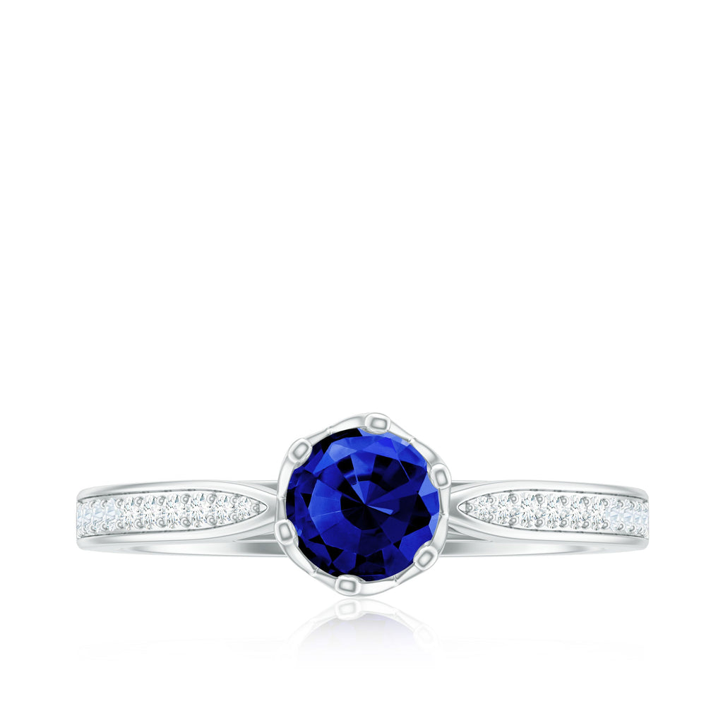 Certified Lab Created Blue Sapphire Minimal Engagement Ring with Diamond Side Stones
