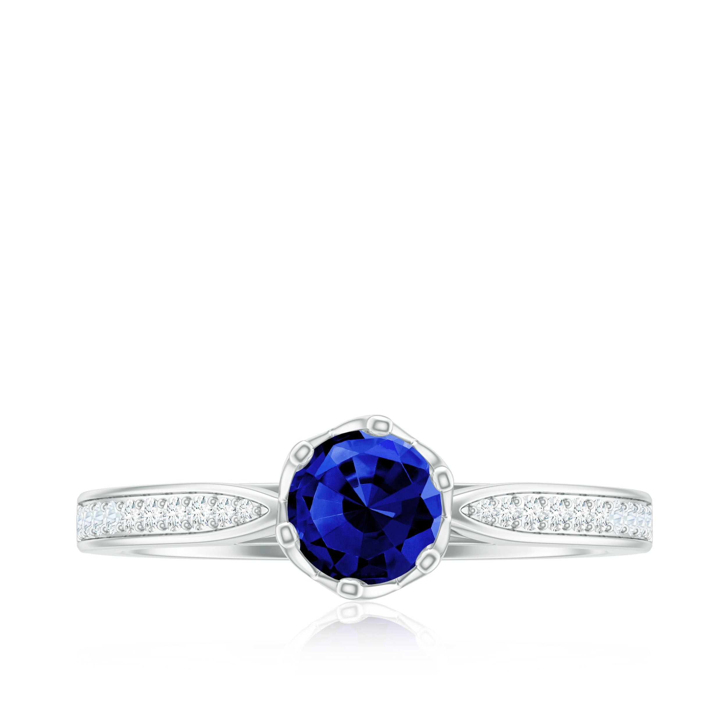 Certified Lab Created Blue Sapphire Minimal Engagement Ring with Diamond Side Stones