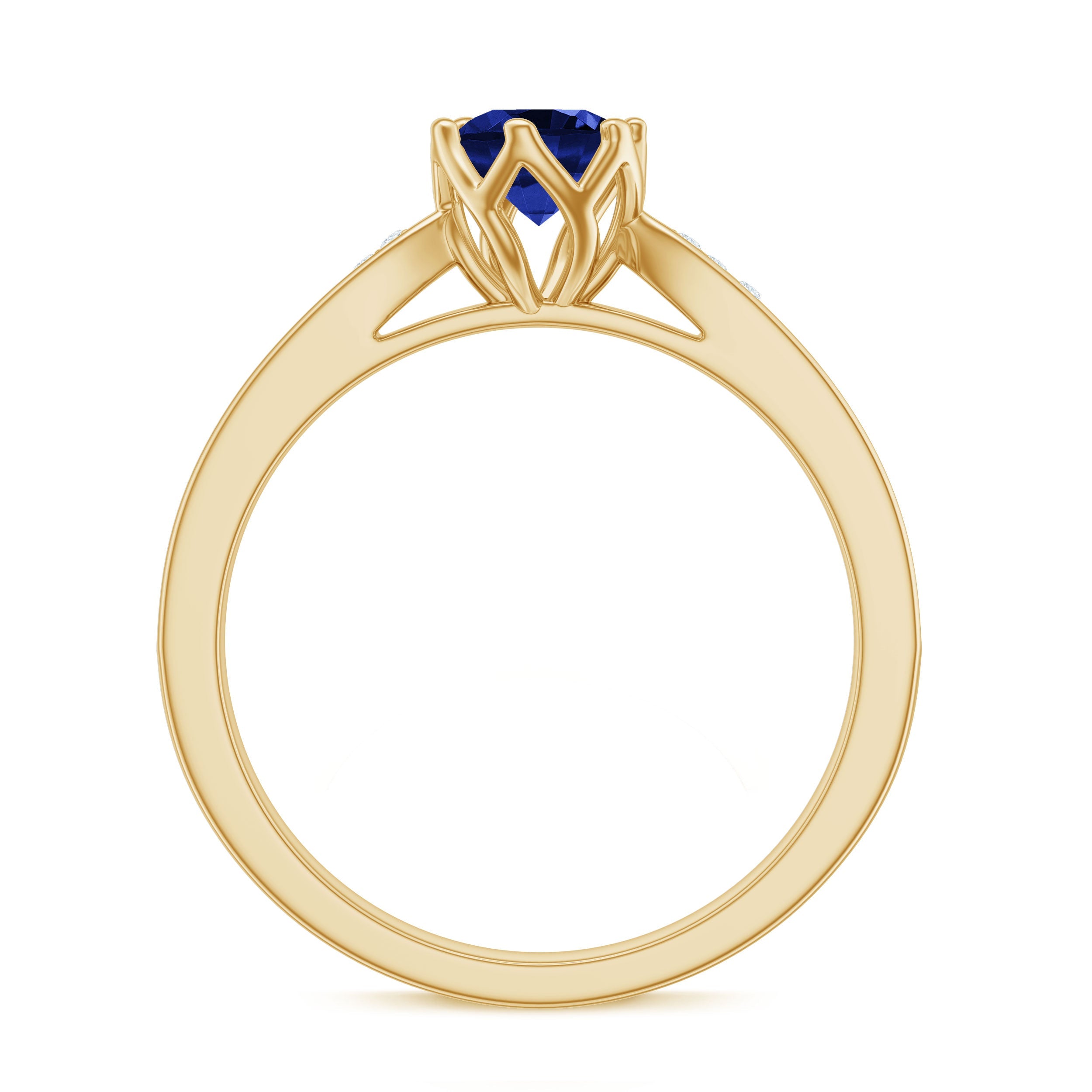Certified Lab Created Blue Sapphire Minimal Engagement Ring with Diamond Side Stones