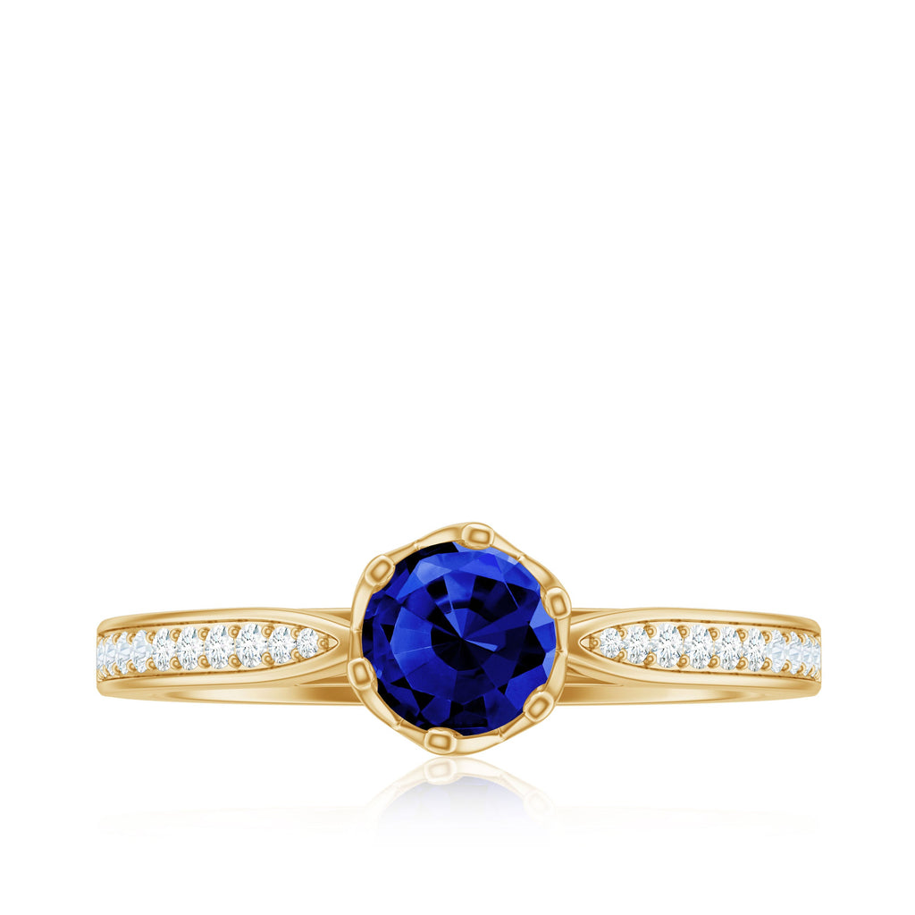 Certified Lab Created Blue Sapphire Minimal Engagement Ring with Diamond Side Stones