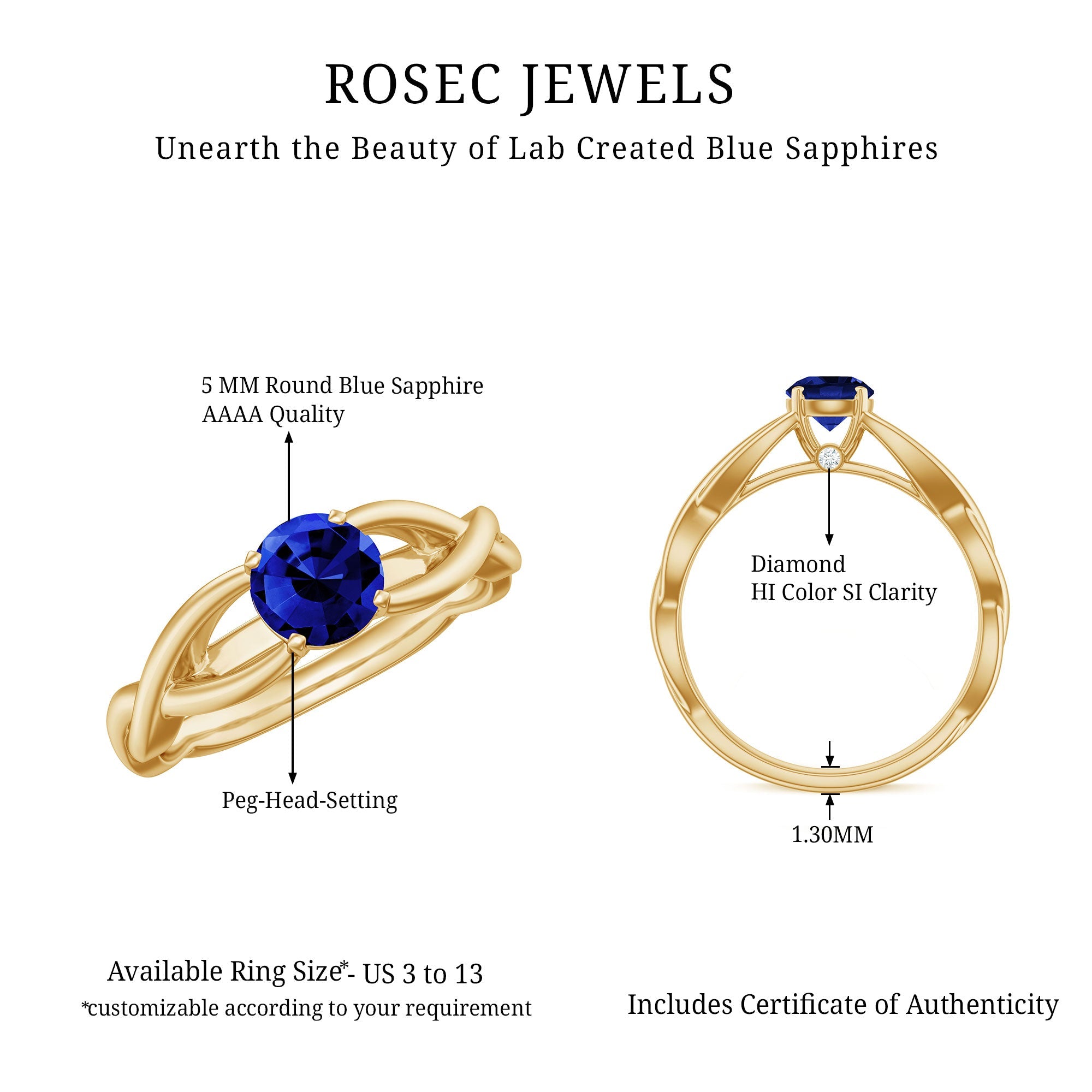 Certified Lab Created Blue Sapphire Solitaire Ring with Surprise Diamond