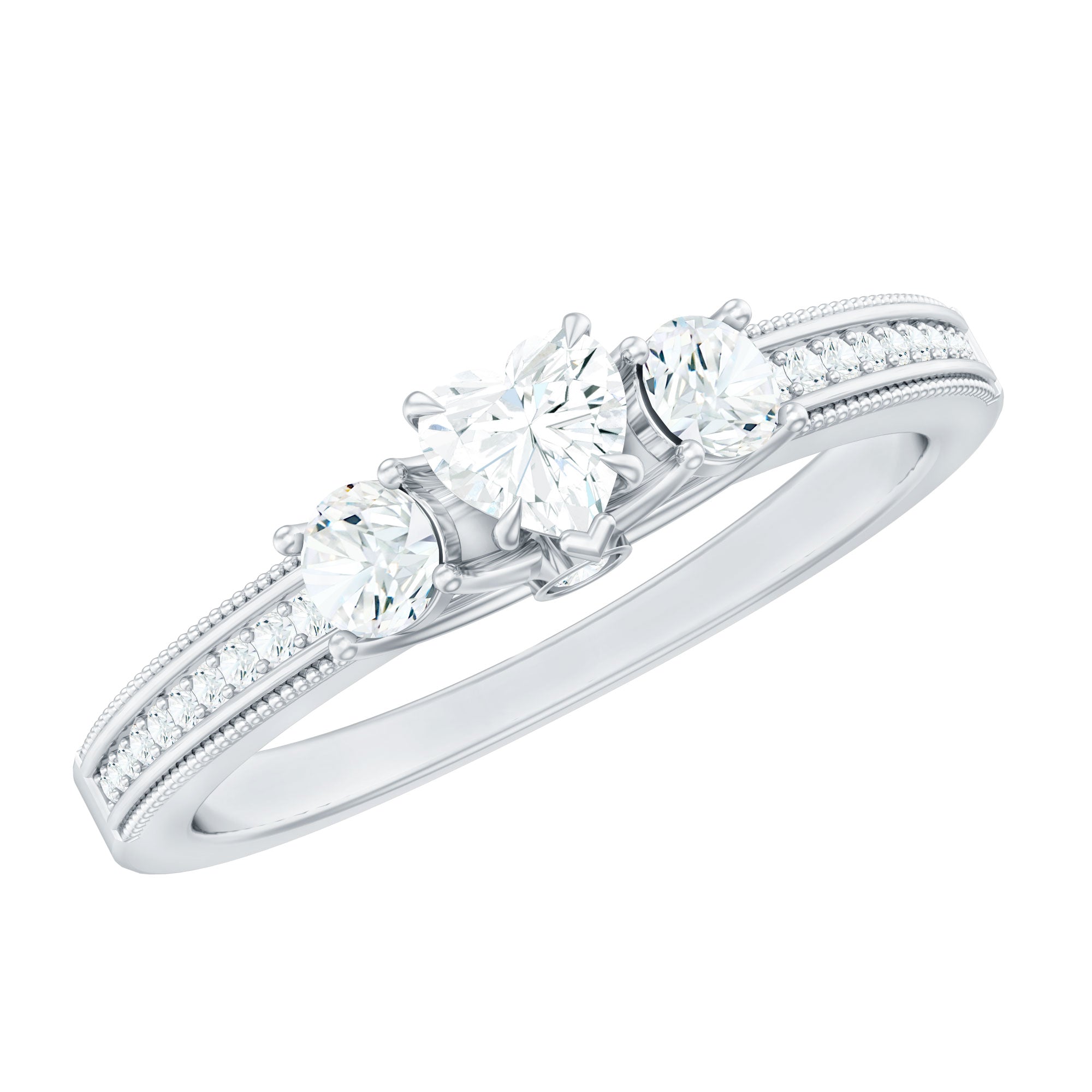 Natural Diamond Three Stone Ring with Beaded Details