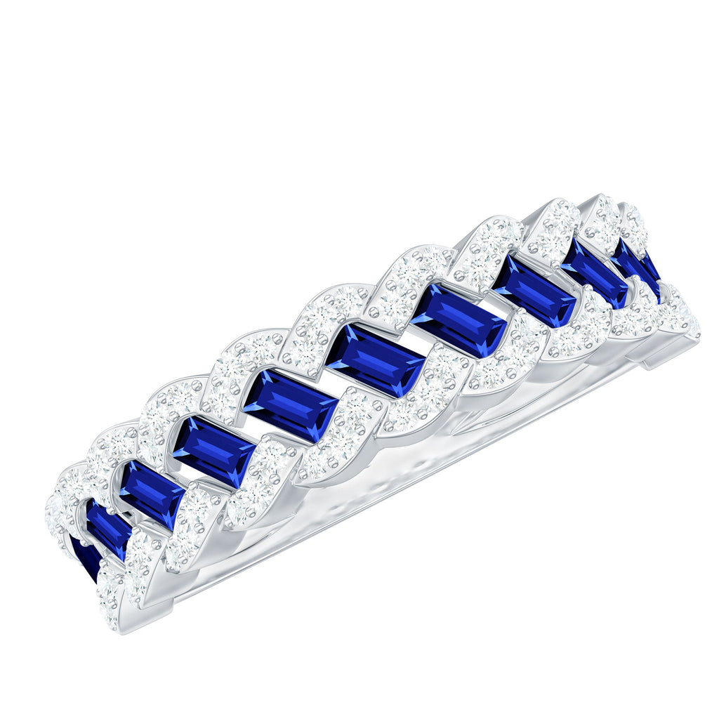 Certified Baguette Lab Grown Blue Sapphire Half Eternity Band with Diamond