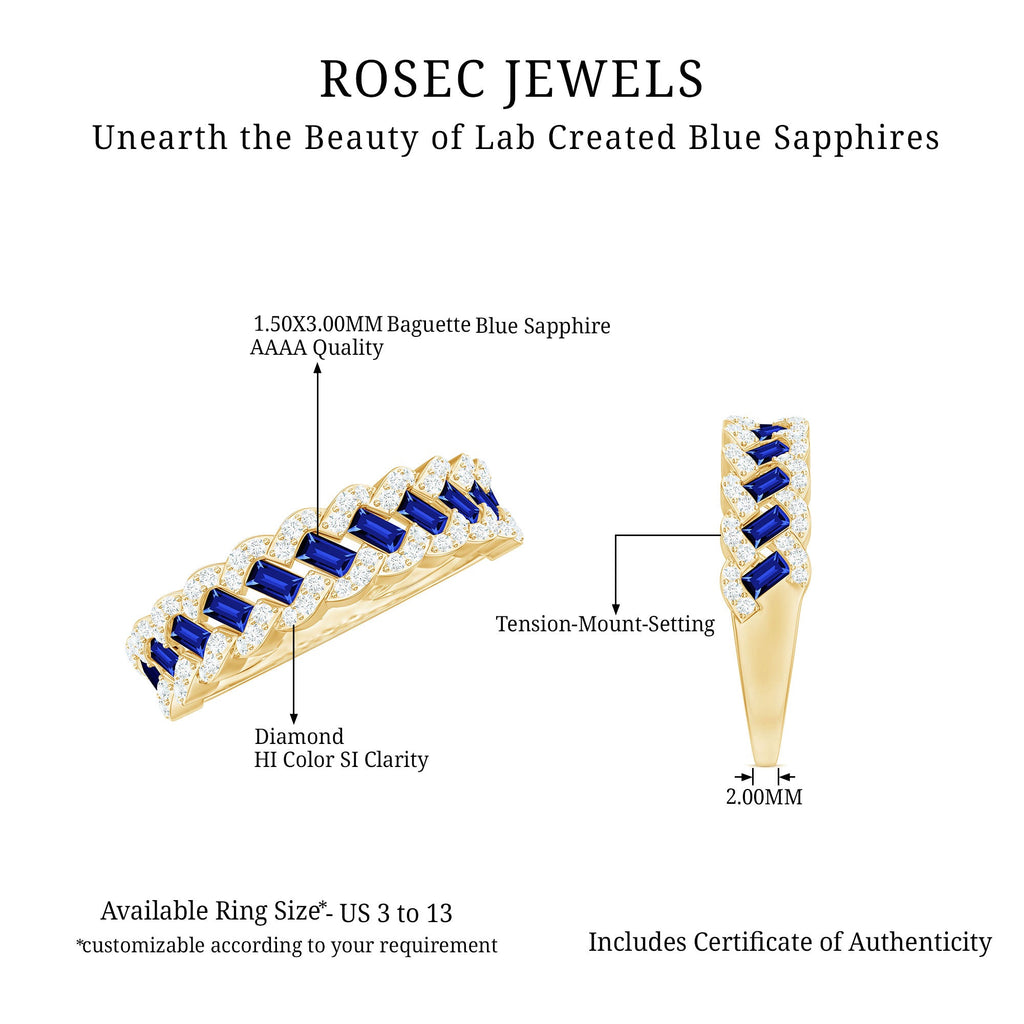 Certified Baguette Lab Grown Blue Sapphire Half Eternity Band with Diamond