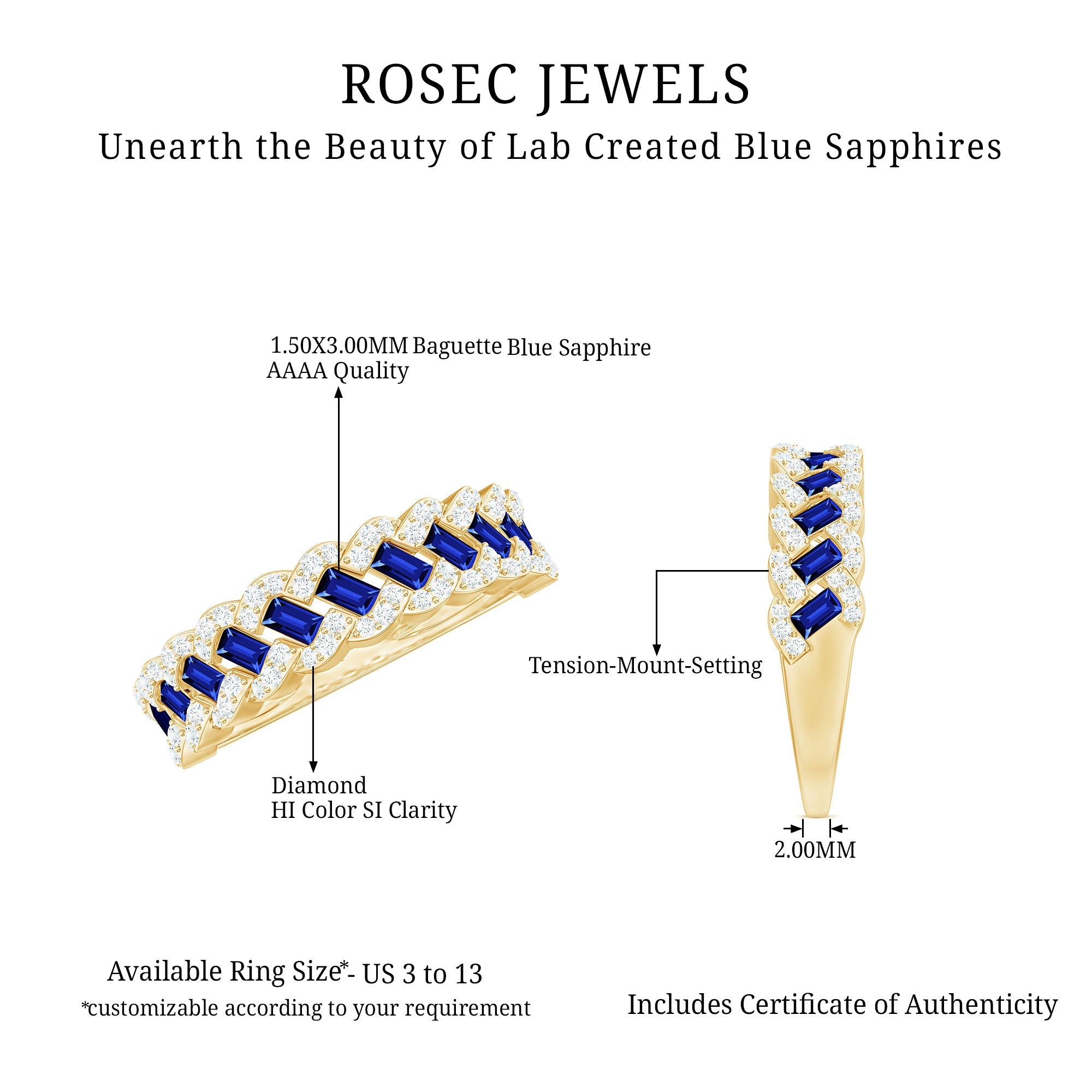 Certified Baguette Lab Grown Blue Sapphire Half Eternity Band with Diamond