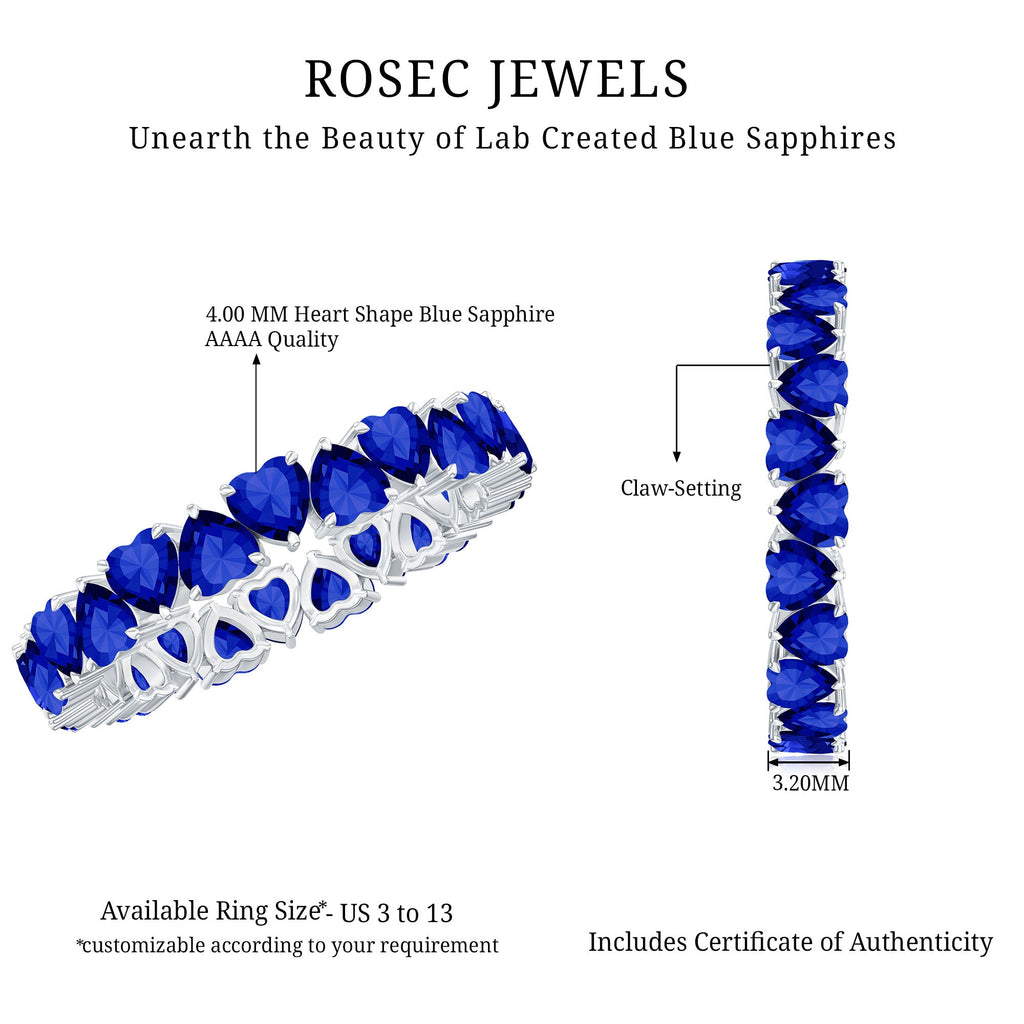 Claw Set Created Blue Sapphire Heart Eternity Band Ring in Gold
