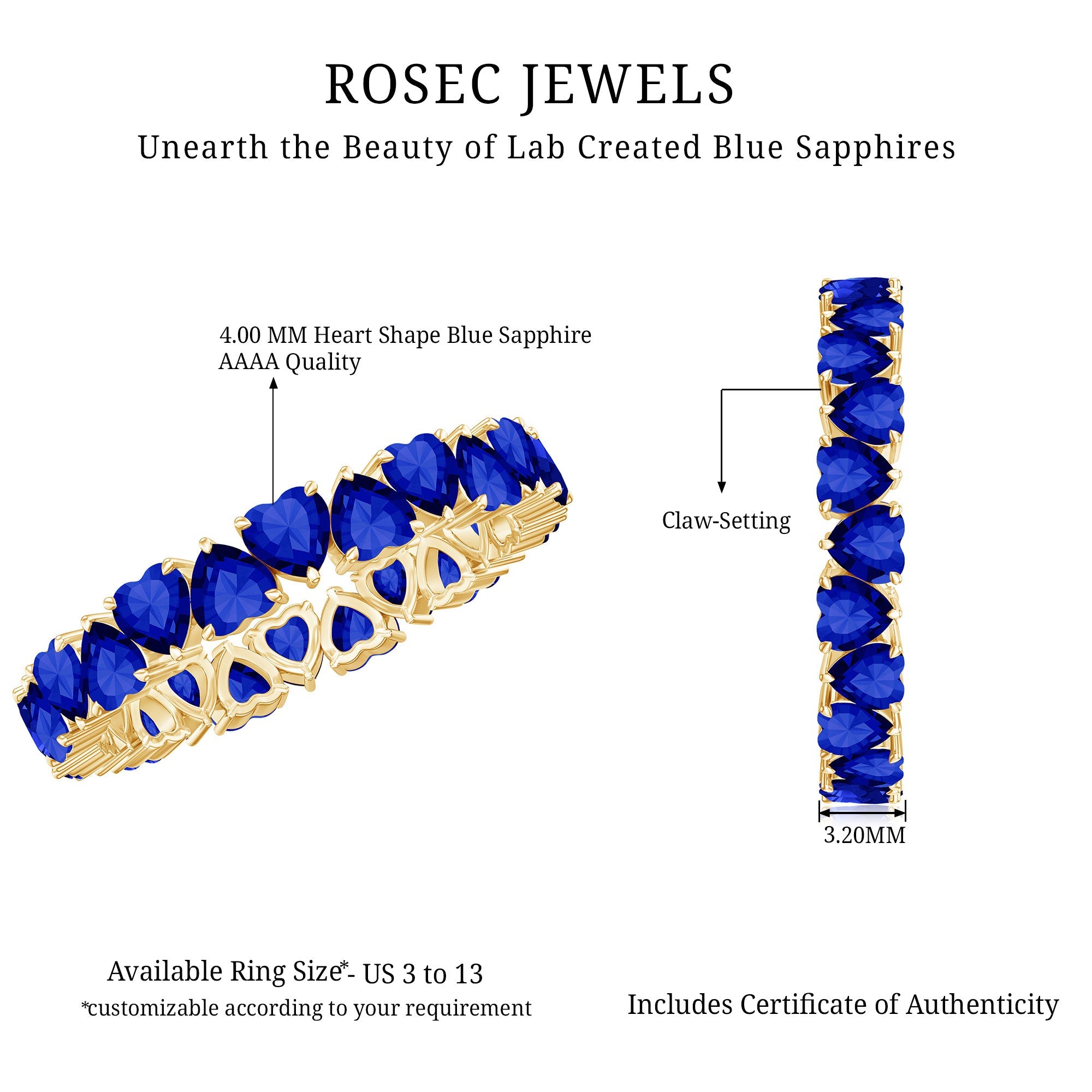 Claw Set Created Blue Sapphire Heart Eternity Band Ring in Gold