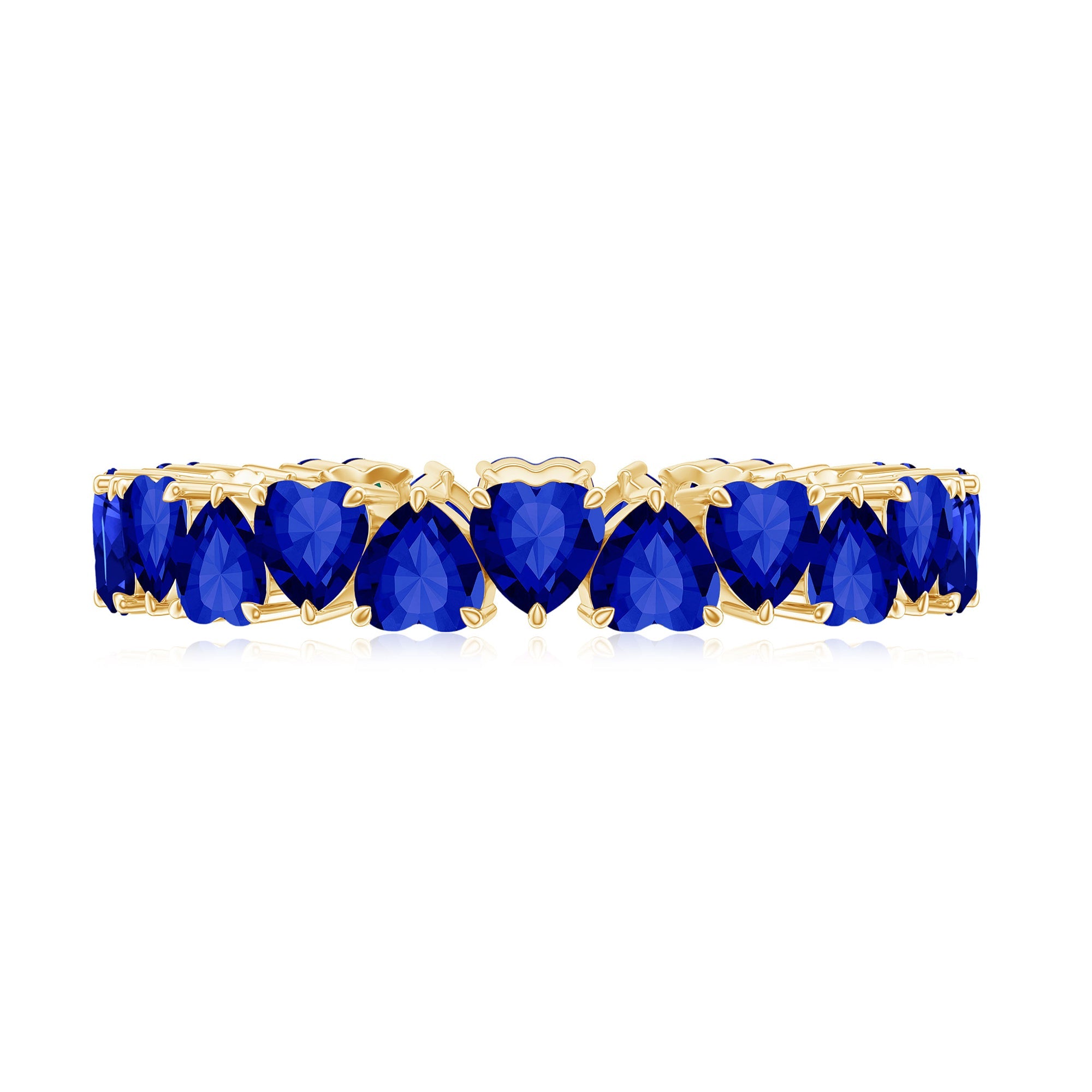 Claw Set Created Blue Sapphire Heart Eternity Band Ring in Gold