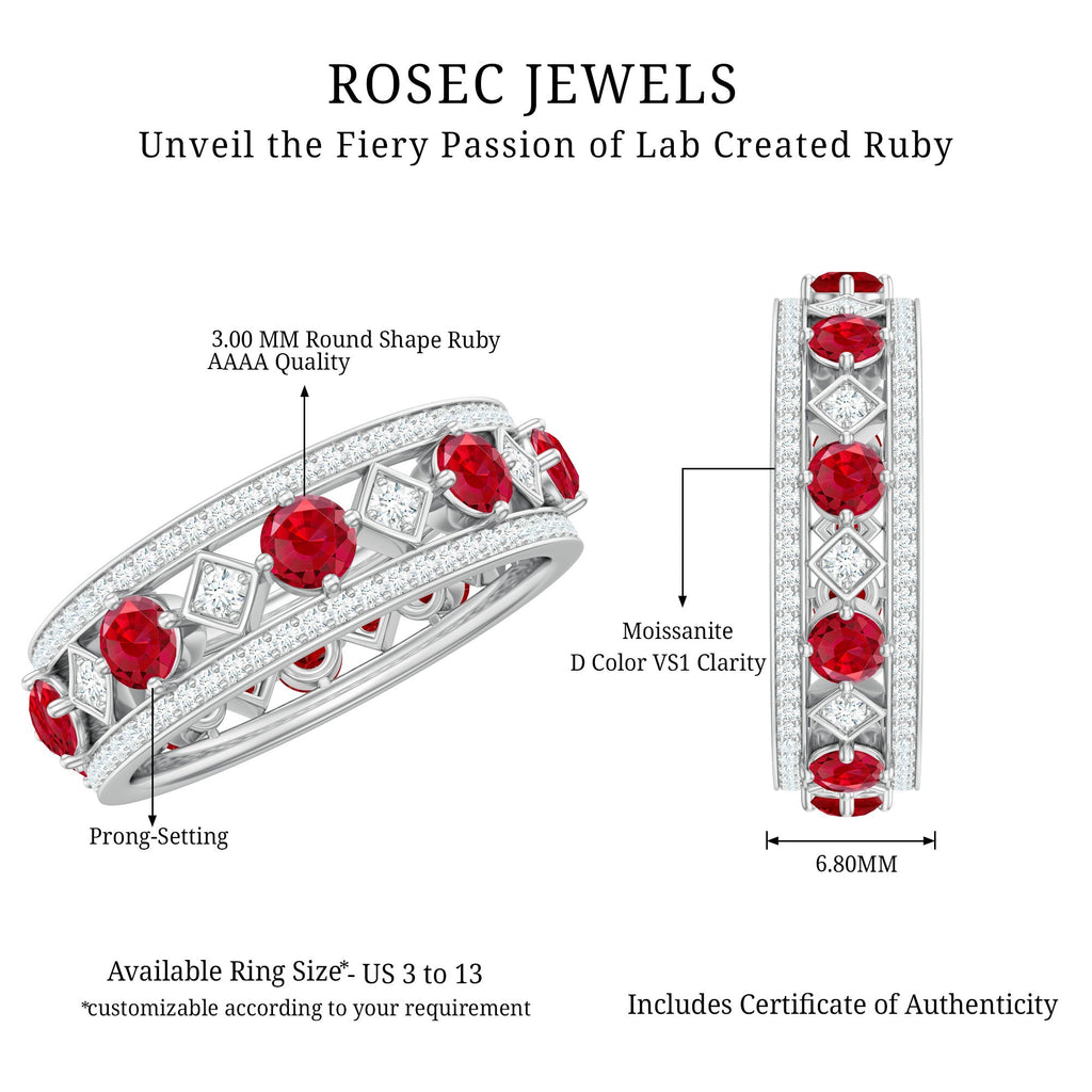 Lab Grown Ruby Vintage Wedding Band Ring With Moissanite