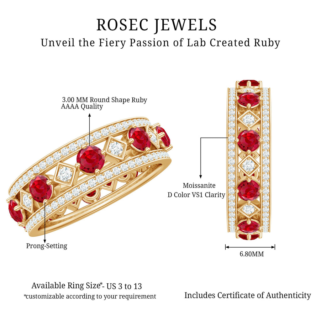 Lab Grown Ruby Vintage Wedding Band Ring With Moissanite