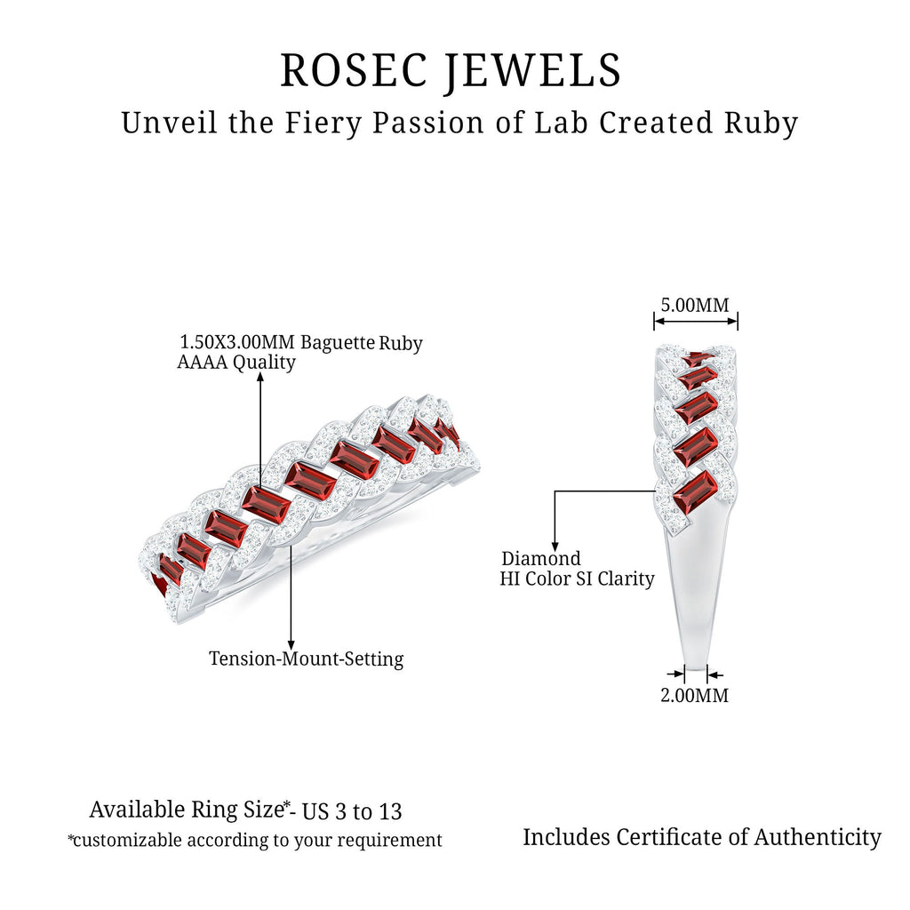 Baguette Created Ruby Braided Eternity Band Ring with Diamond