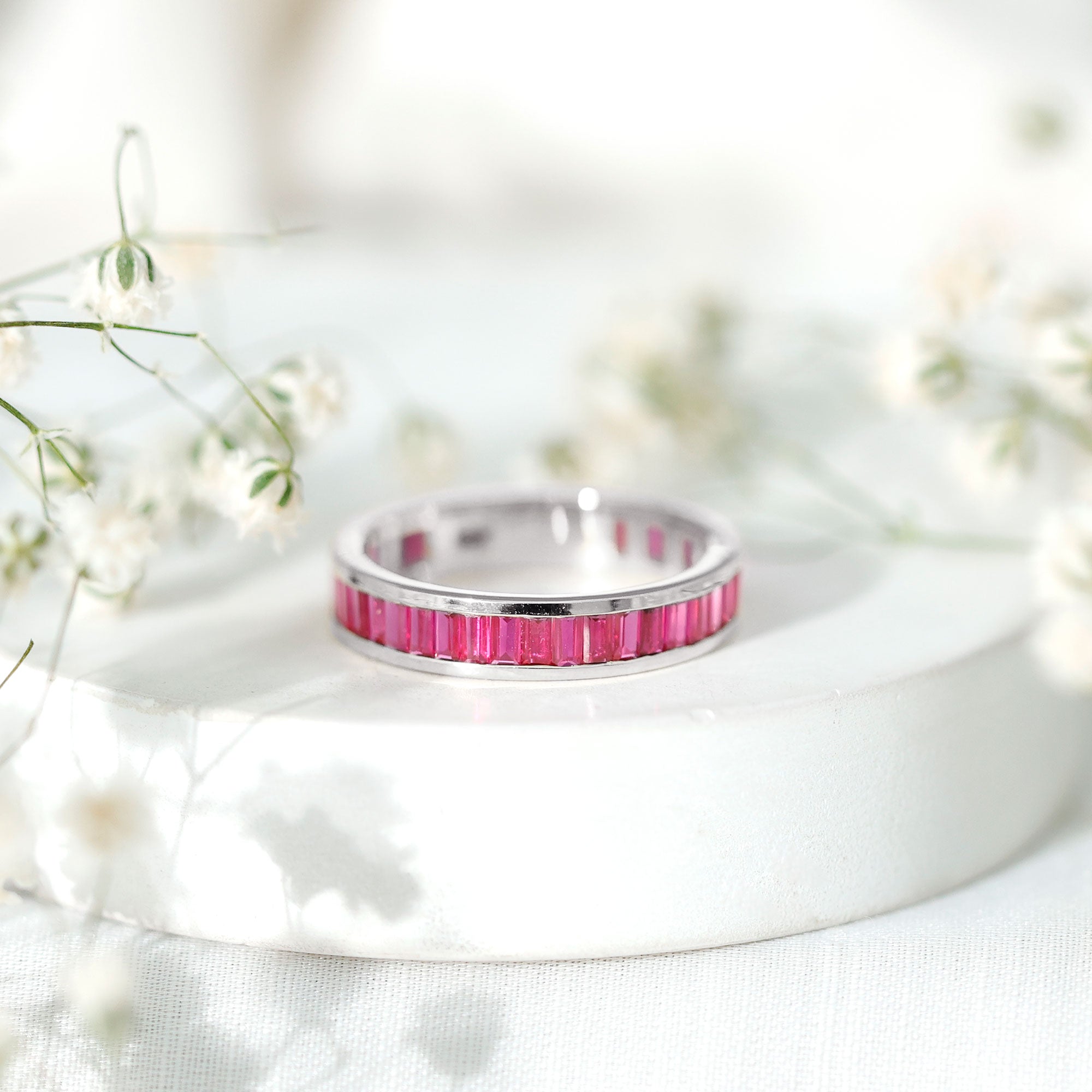 Baguette Shape Lab Grown Ruby Channel Set Eternity Band Ring