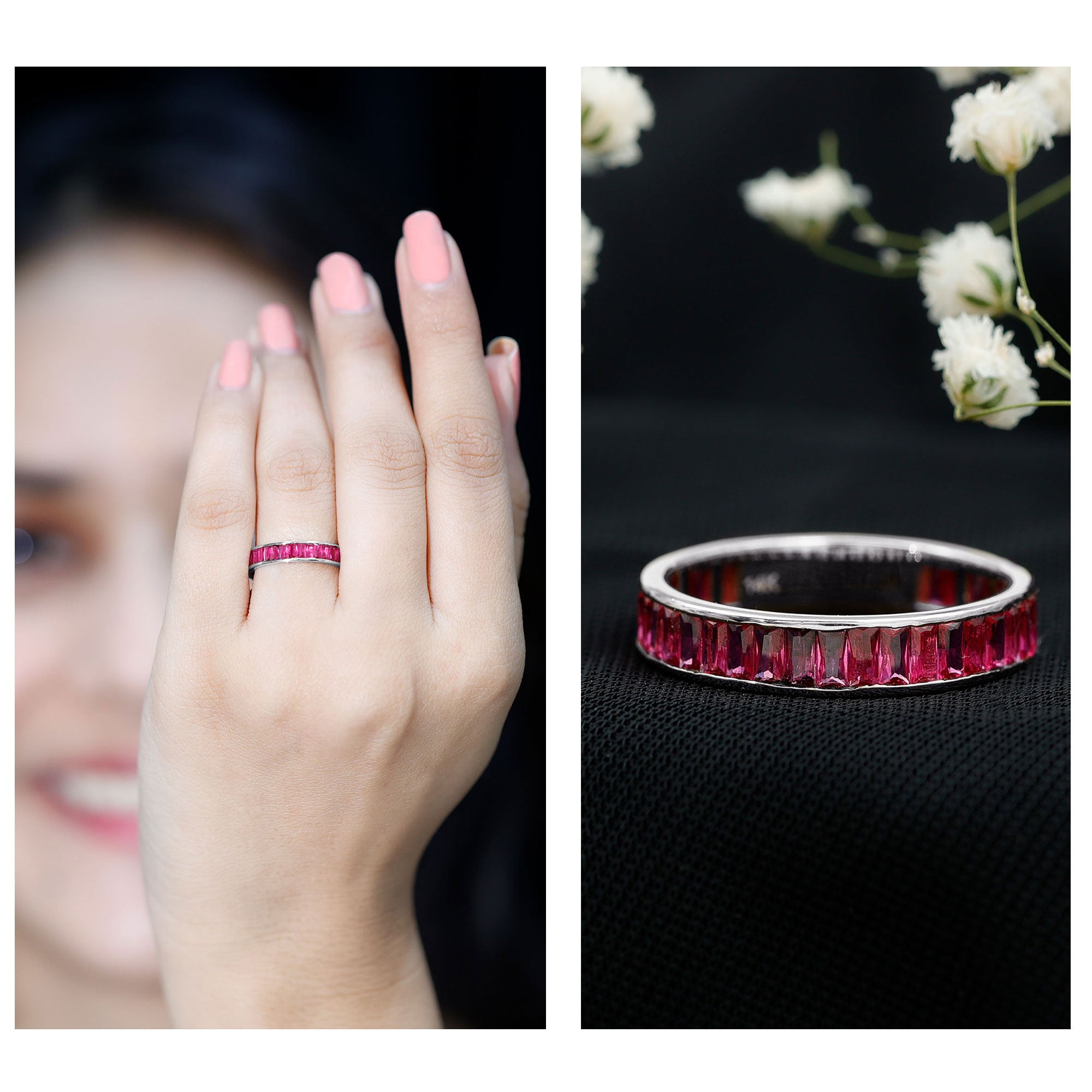 Baguette Shape Lab Grown Ruby Channel Set Eternity Band Ring