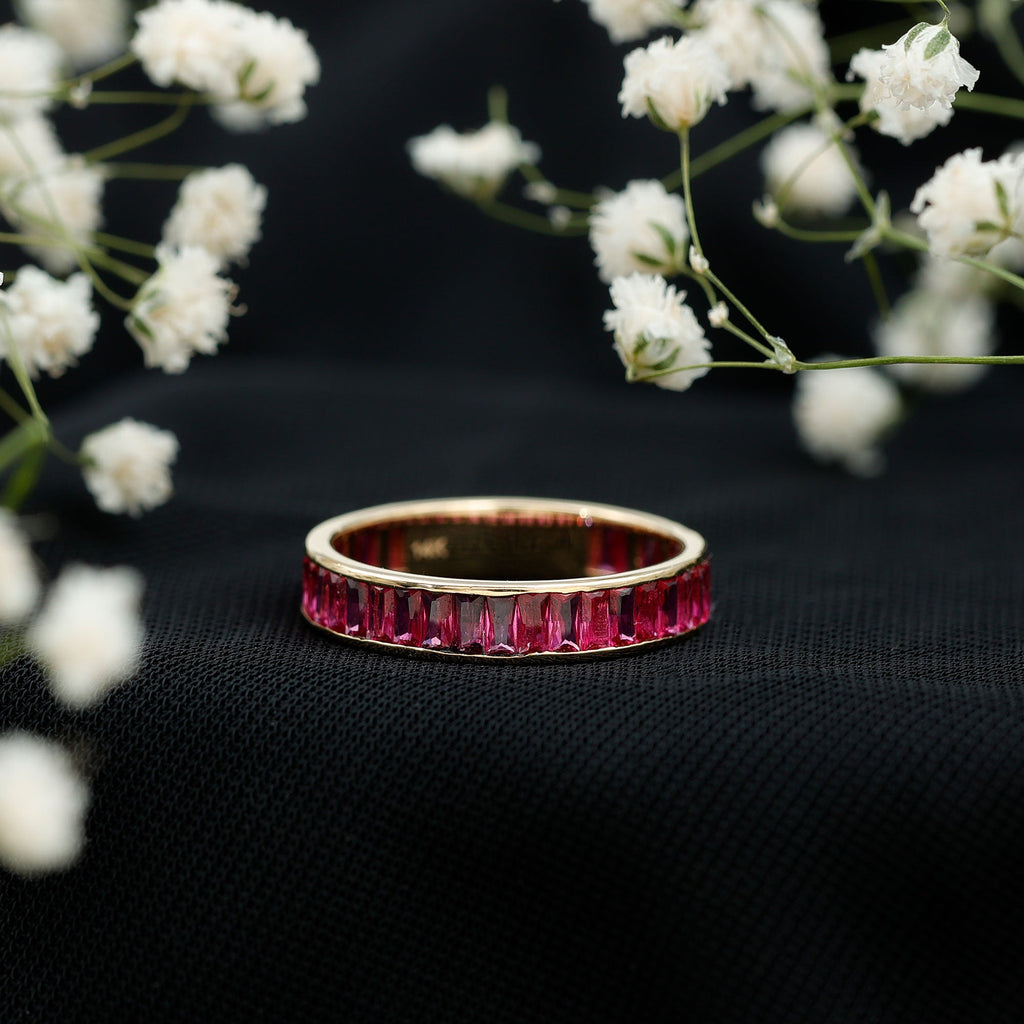 Baguette Shape Lab Grown Ruby Channel Set Eternity Band Ring